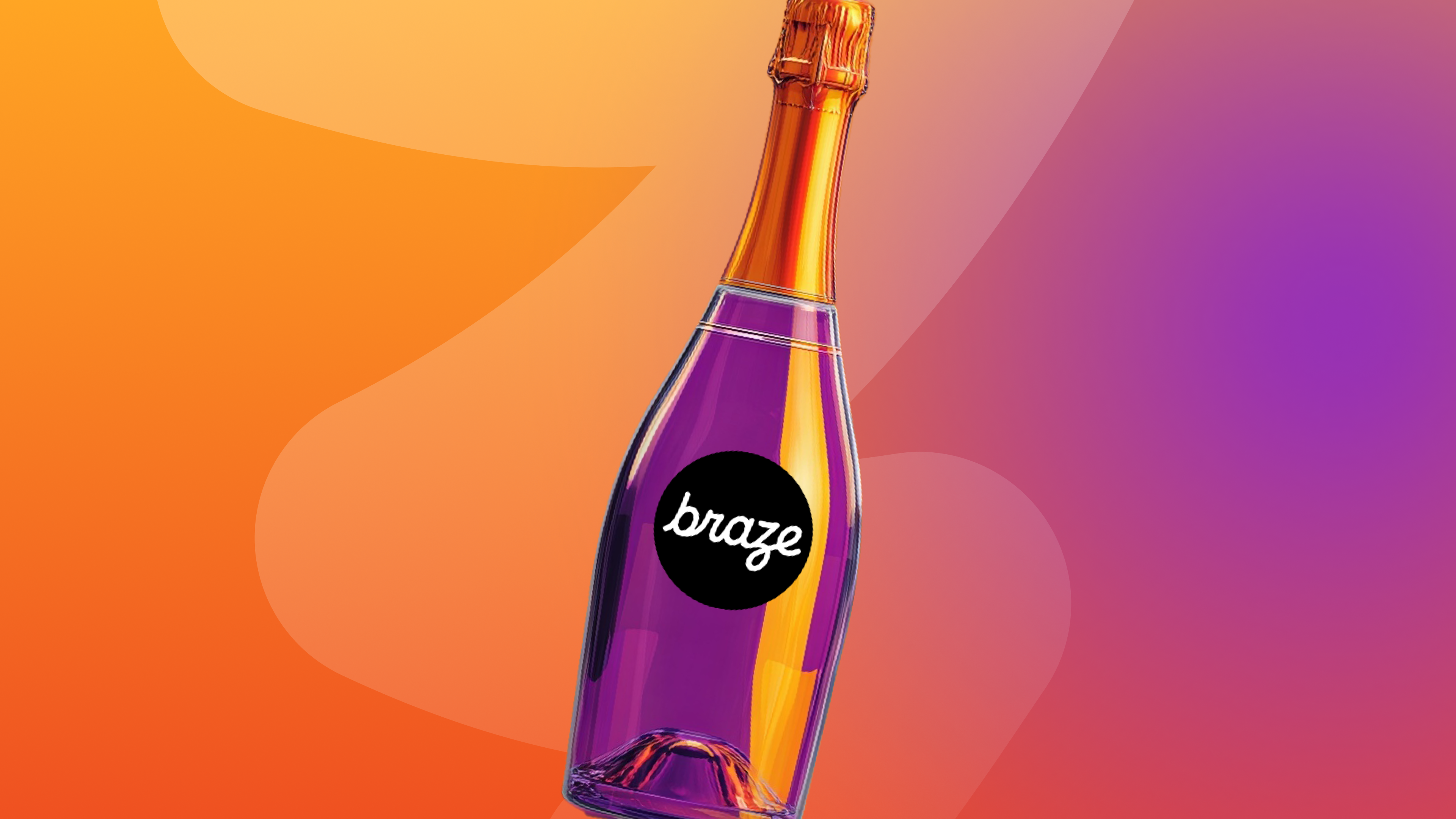 A tilted purple champagne bottle with an orange foil top and a white "braze" logo on a black circle, against an orange to purple gradient background.