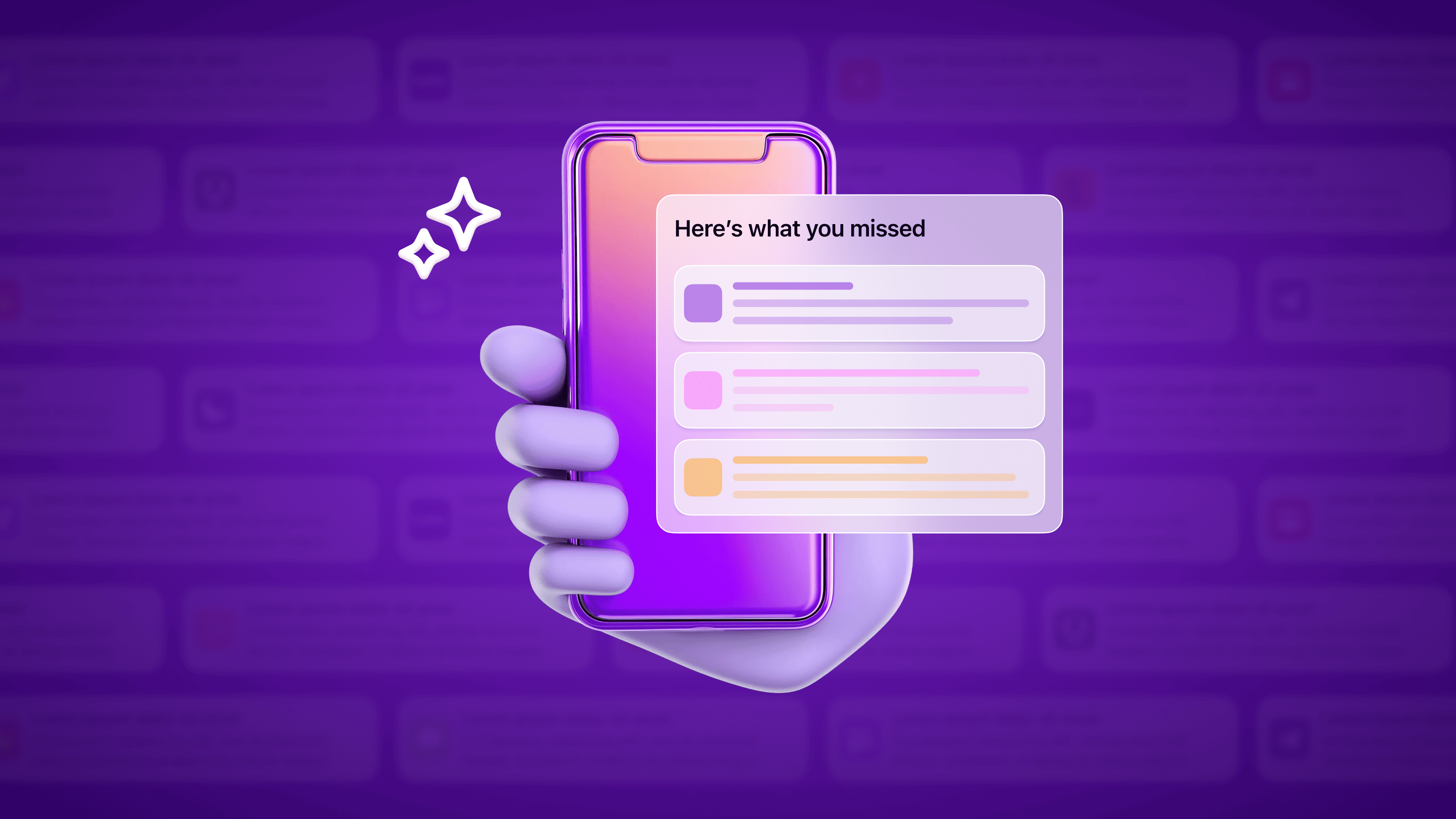 A 3D hand holds a smartphone displaying a "Here's what you missed" notification summary, against a purple background with blurred notification icons.