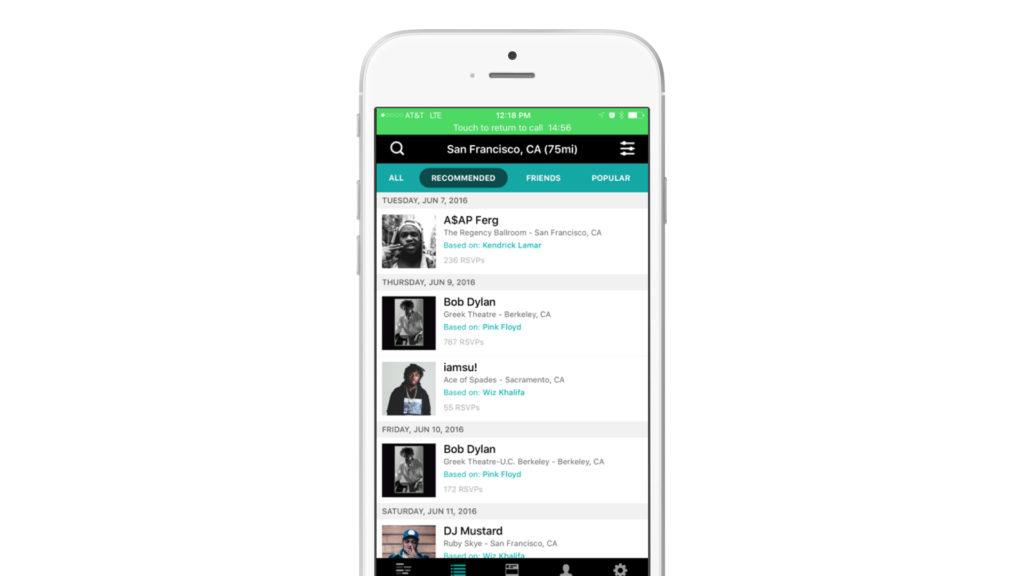 A smartphone screen displaying a list of recommended events in San Francisco, including artists like A$AP Ferg and Bob Dylan, with dates and locations.