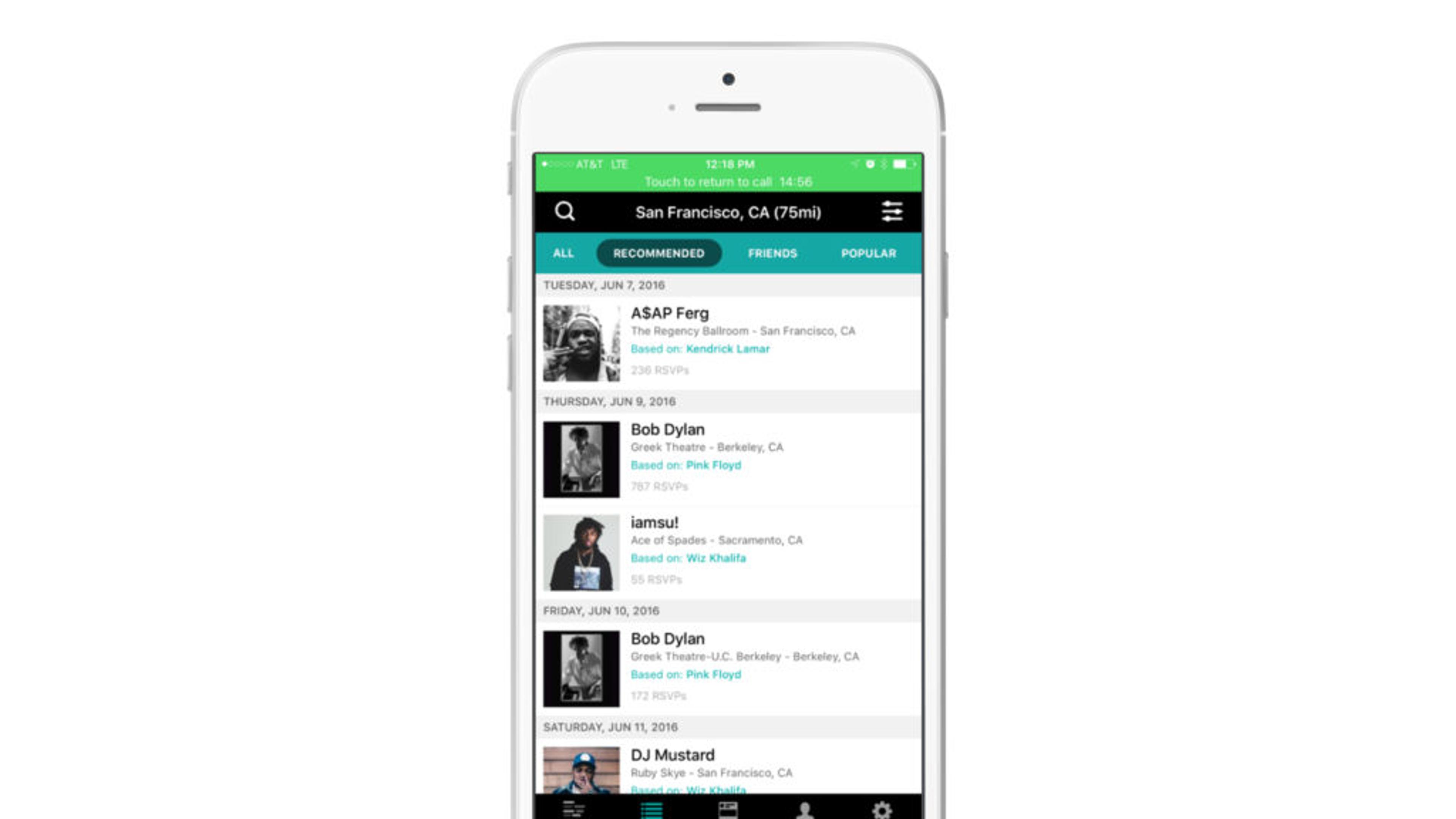 A smartphone screen displaying a list of recommended events in San Francisco, including artists like A$AP Ferg and Bob Dylan, with dates and locations.