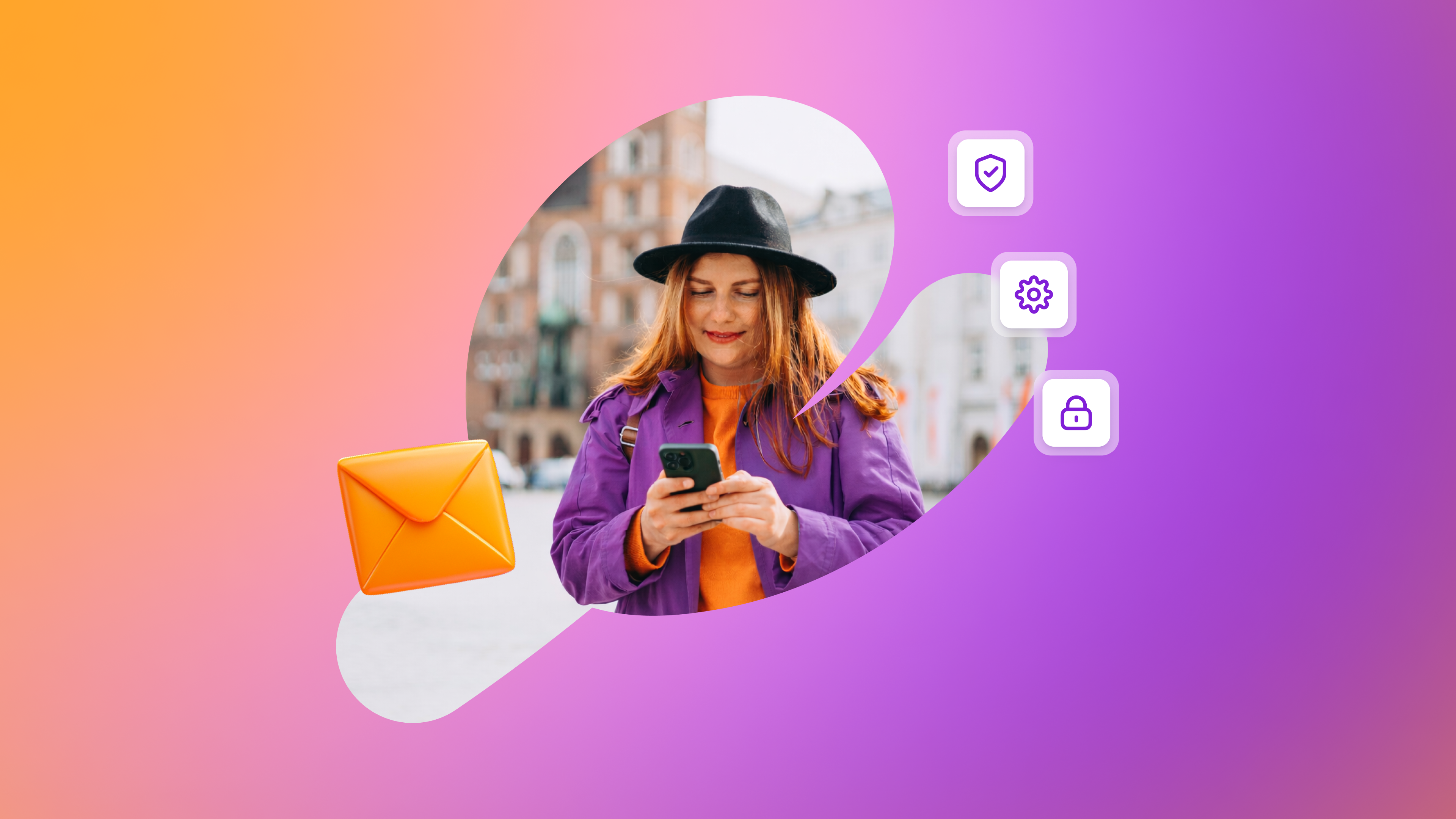 Woman checking smartphone with mail, security, settings, and lock icons on a gradient background.