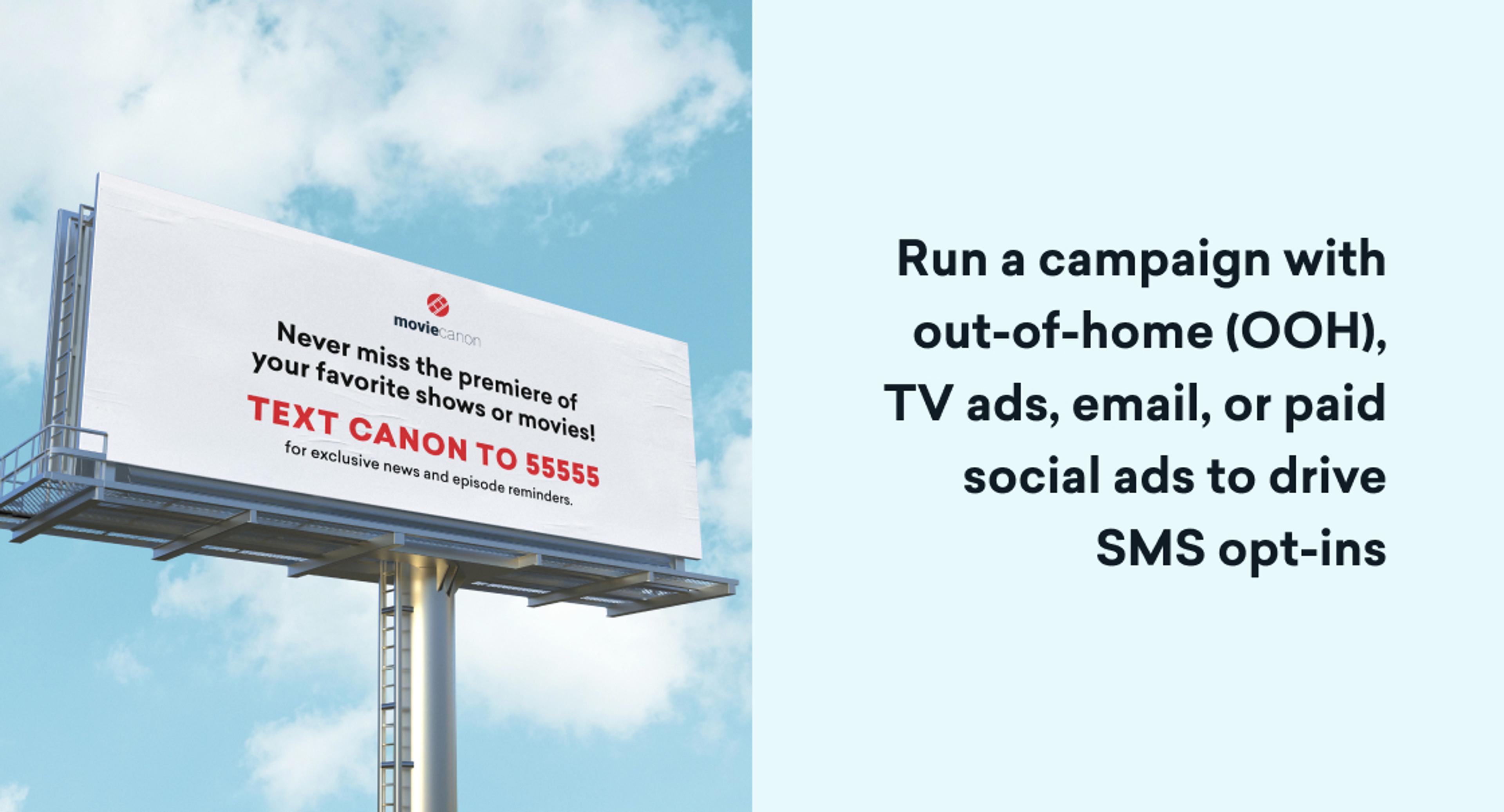 Billboard ad in the sky promoting a movie text campaign, alongside text suggesting using OOH, TV, email, or paid social ads to drive SMS opt-ins.