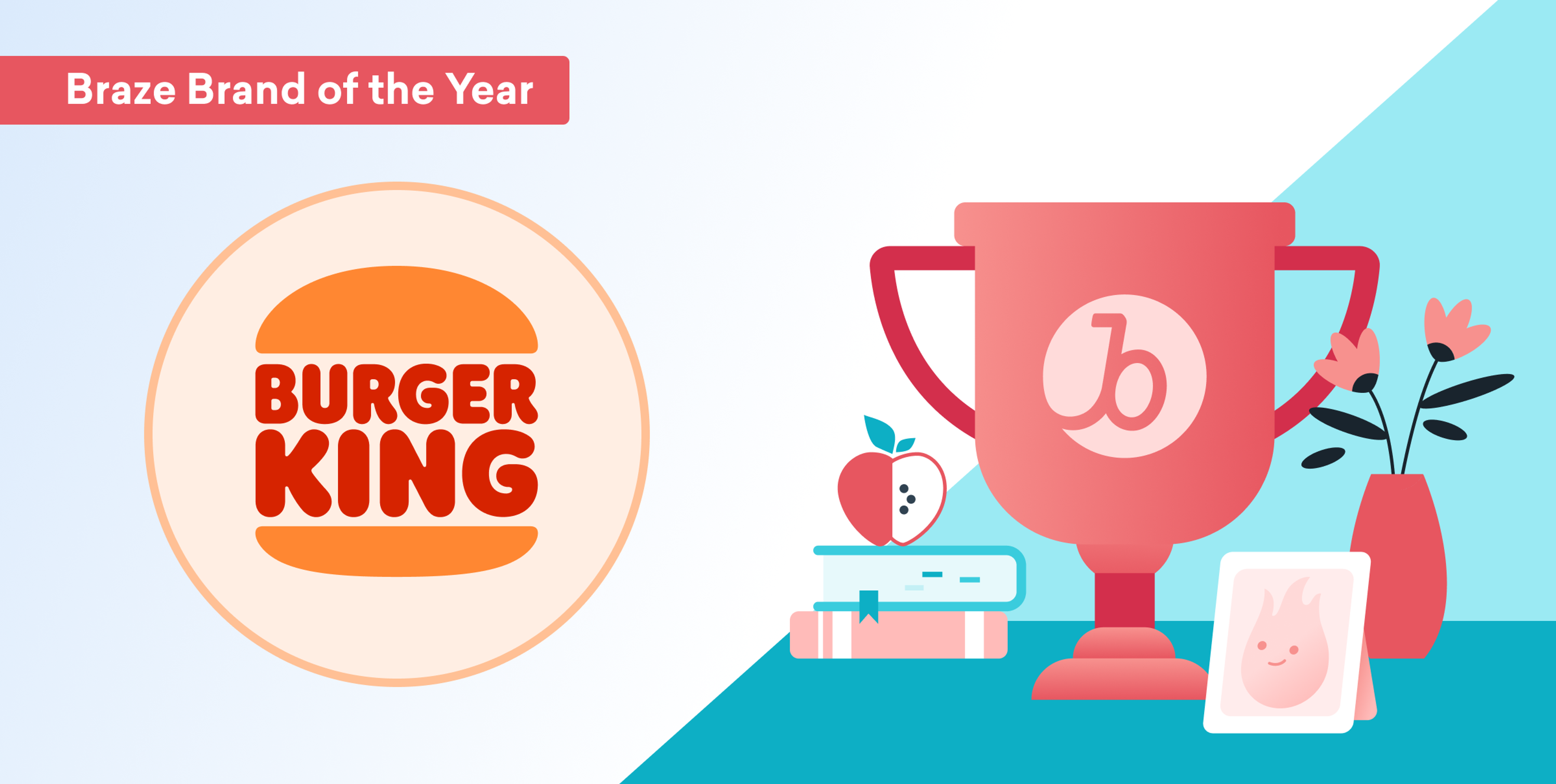 A trophy labeled "Braze Brand of the Year" next to a Burger King logo, an apple, books, and a framed photo. The background features a light blue and white gradient.