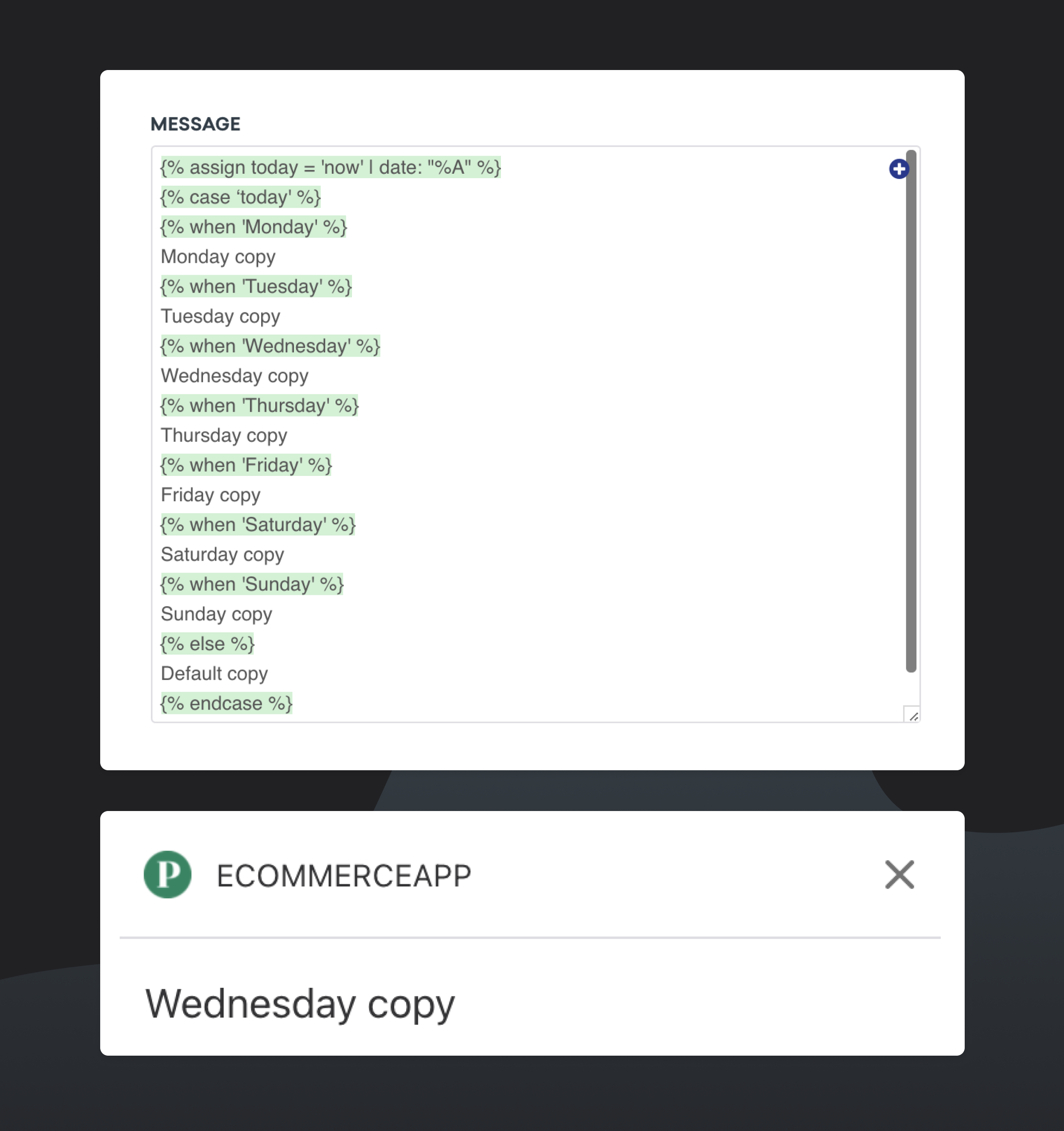 A computer screen displaying a code snippet with conditional statements for different days of the week. The highlighted text shows "Wednesday copy.