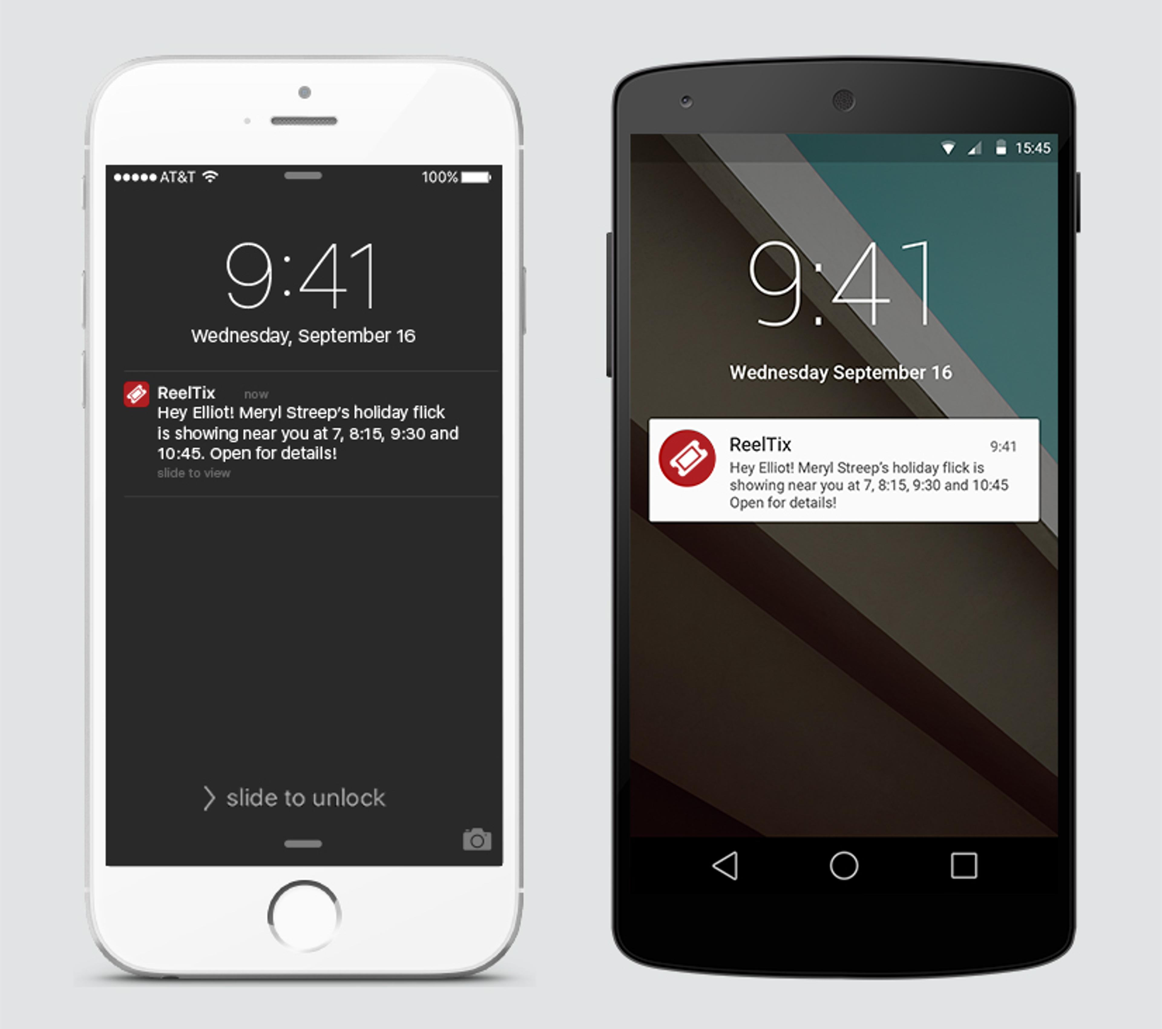 Two smartphones displaying notifications for a holiday film showing. The left phone is an iPhone with a notification from ReelTix, and the right phone is an Android device with a similar message.
