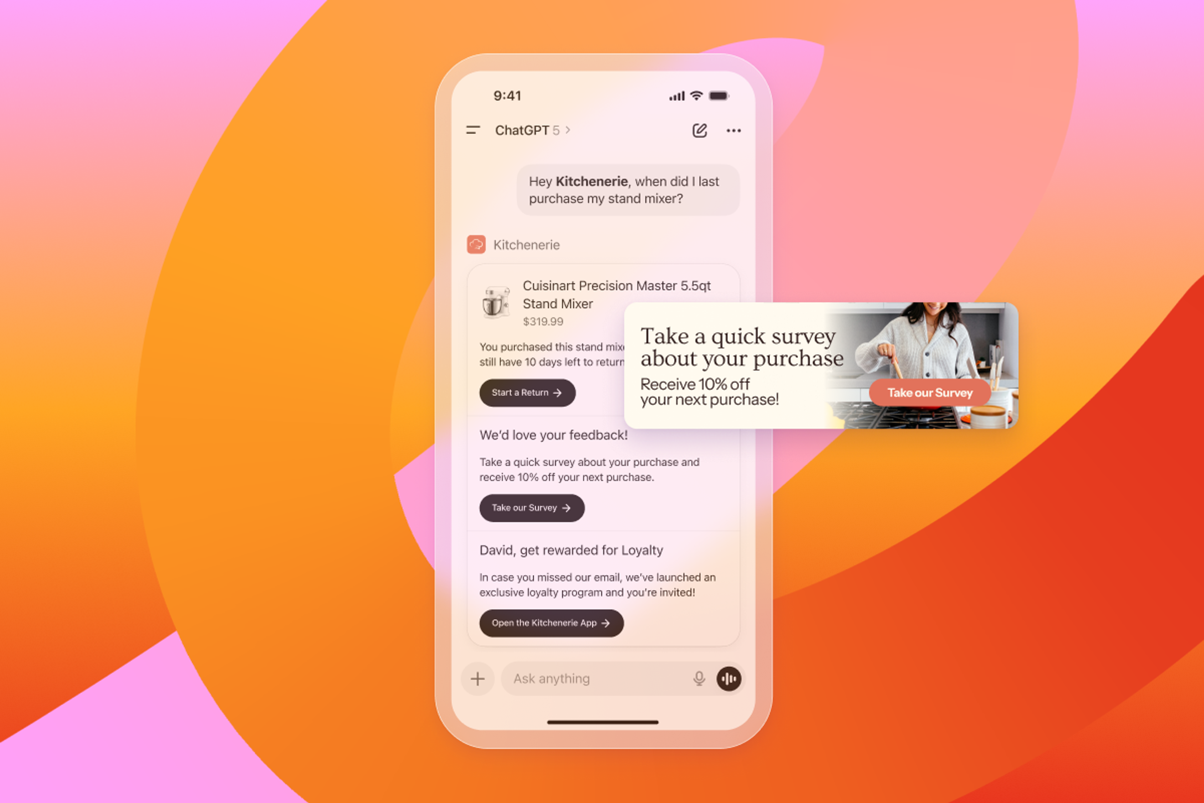 An iPhone displays ChatGPT with a brand interaction for "Kitchenerie," showing purchase details, loyalty program, and a survey offering a 10% discount, with a survey pop-up notification.