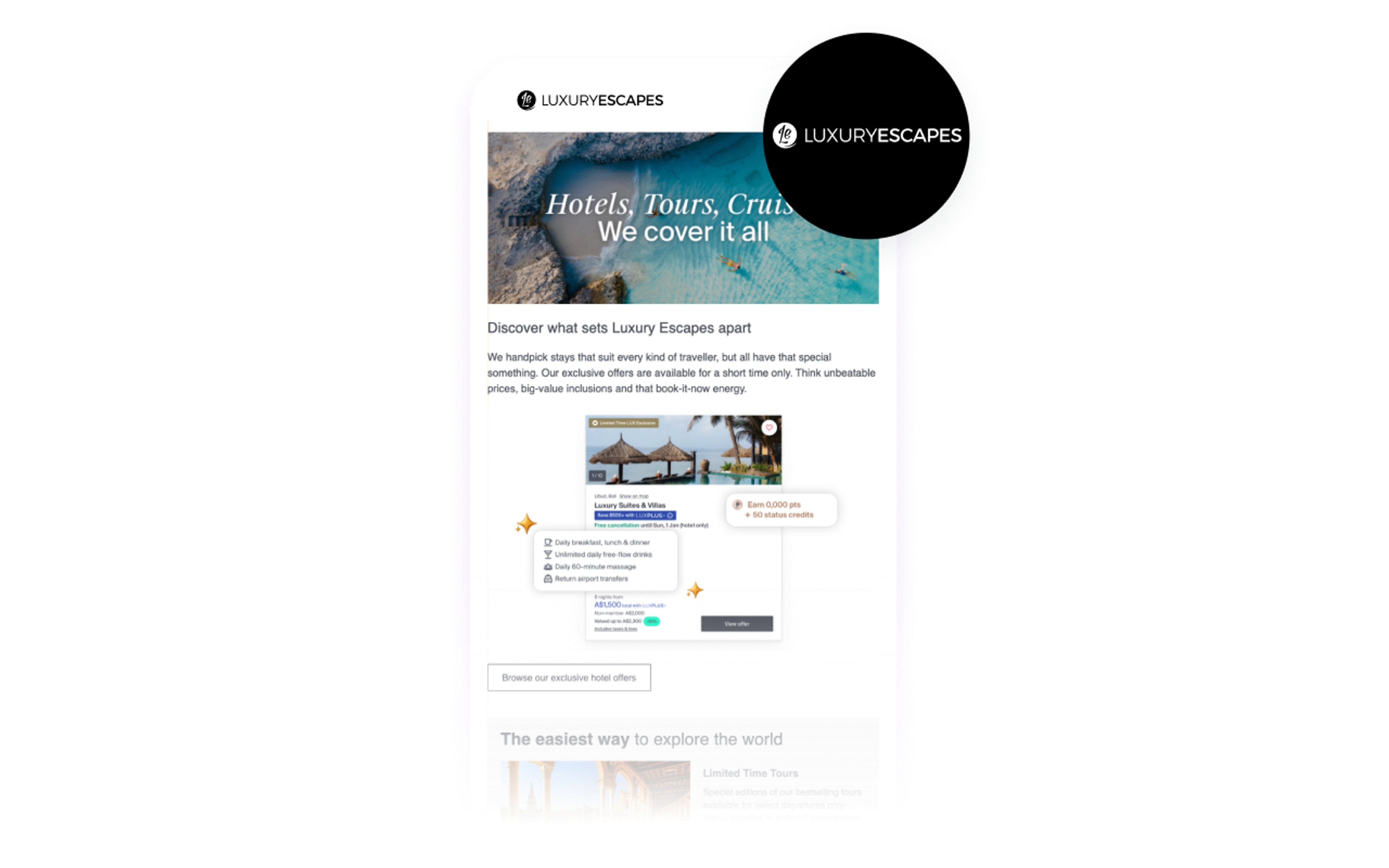 Mobile phone displaying Luxury Escapes website with tropical beach imagery and travel offers.