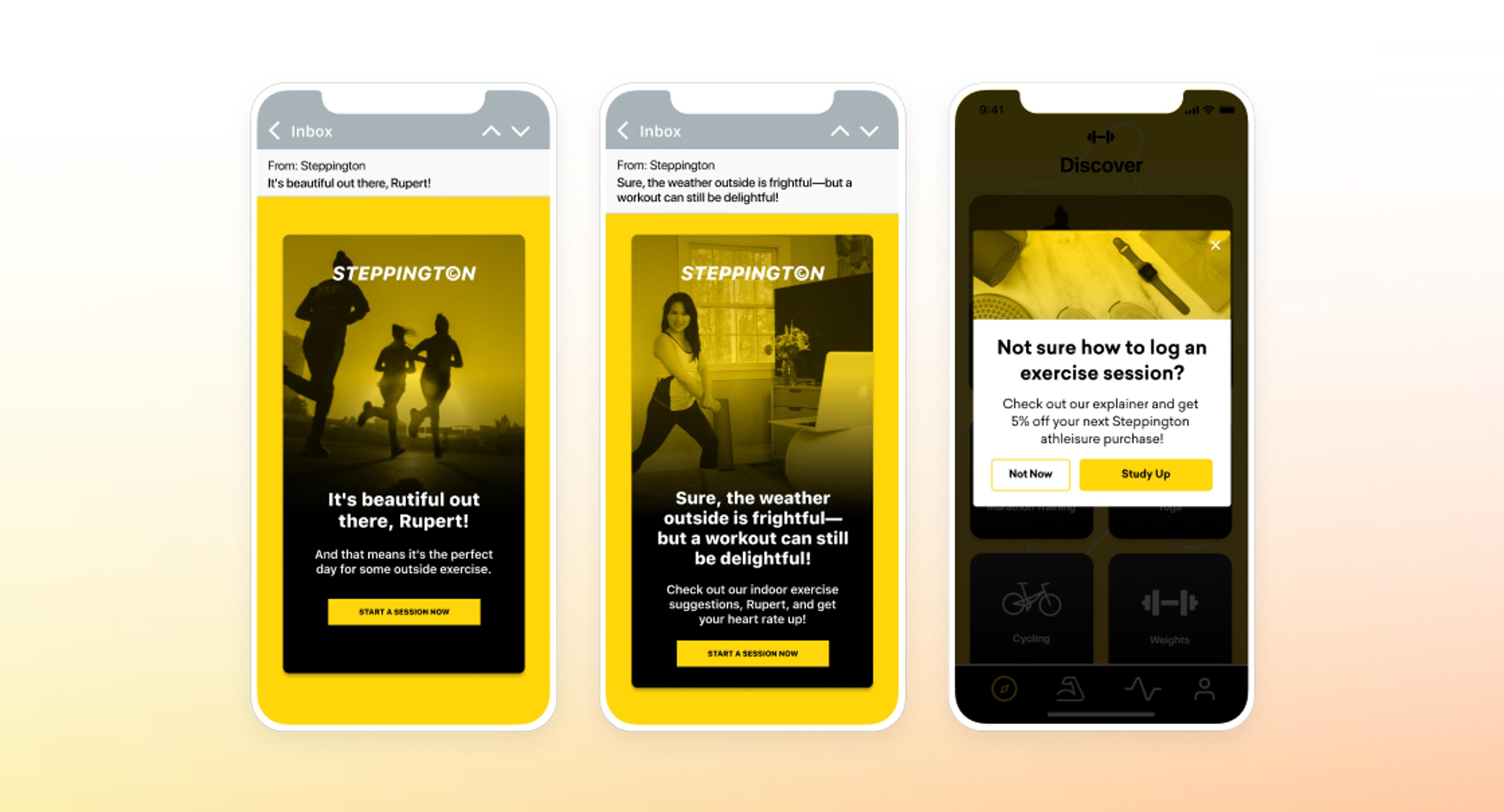 Three smartphone screens displaying a fitness app. The first screen highlights a motivational message about enjoying the weather, the second screen offers tips for exercise, and the third screen provides instructions for logging an exercise session.