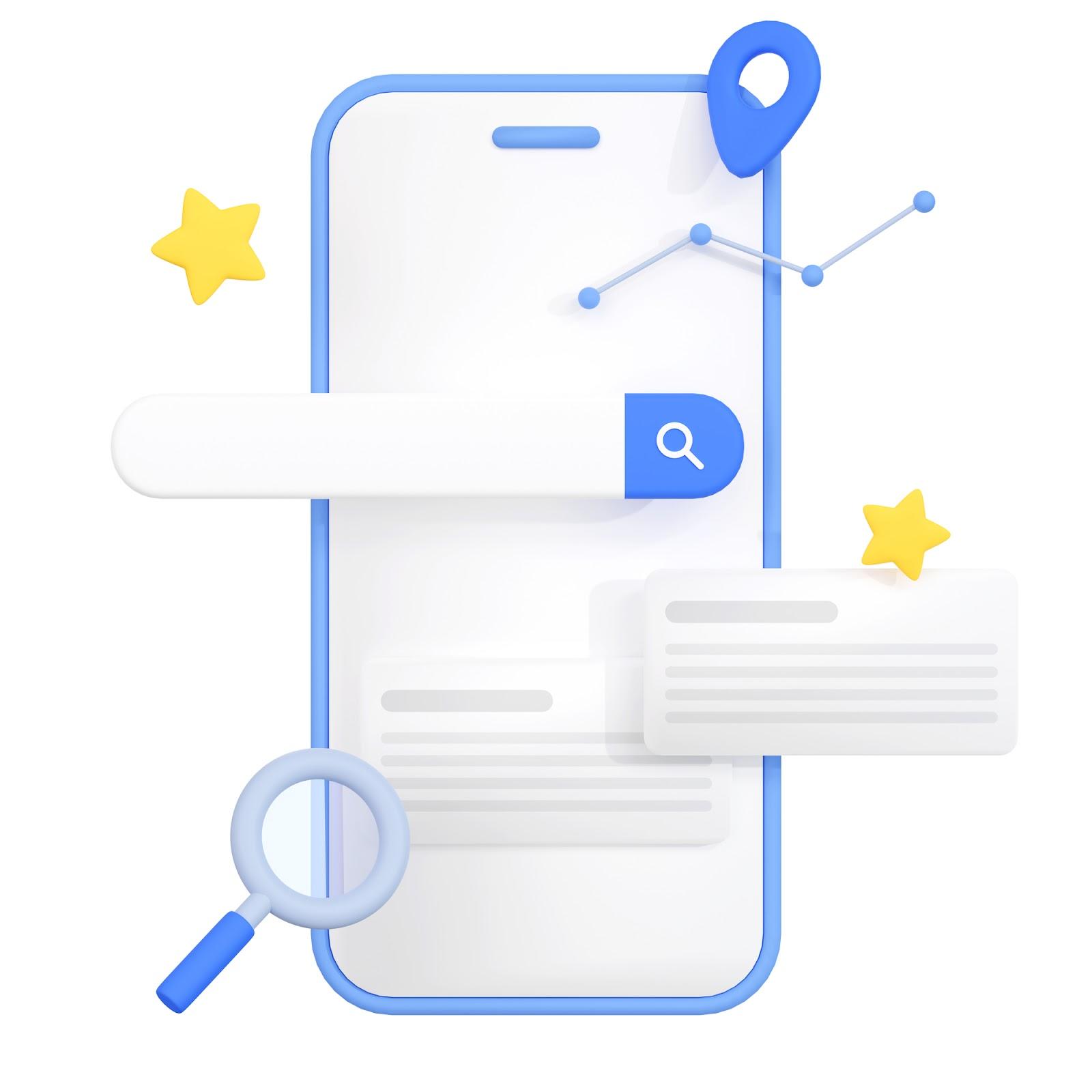 スマートフォンのイラスト。検索バー、地図のピン、グラフ、星のアイコンが含まれています。