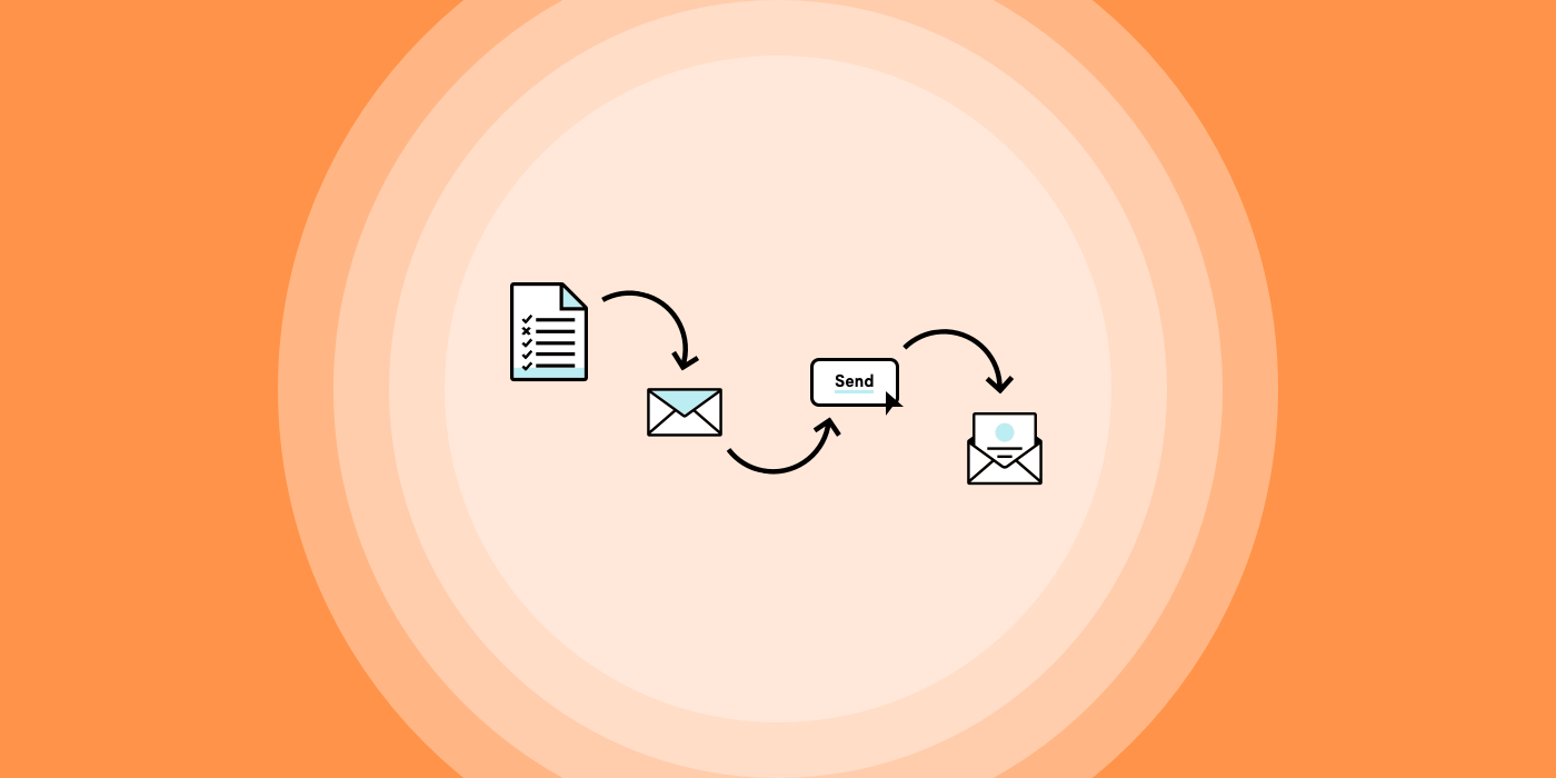 An illustration showing a process of sending an email, with icons representing a document, an email, and a sent message. The background features concentric circles in orange and cream colors.
