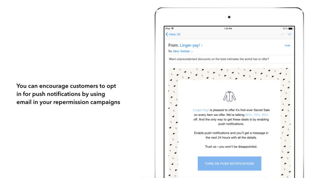 An email on a tablet screen promoting a Secret Sale from "Linger-yay!" with a call to action to enable push notifications for updates. The background features a pattern of small icons.