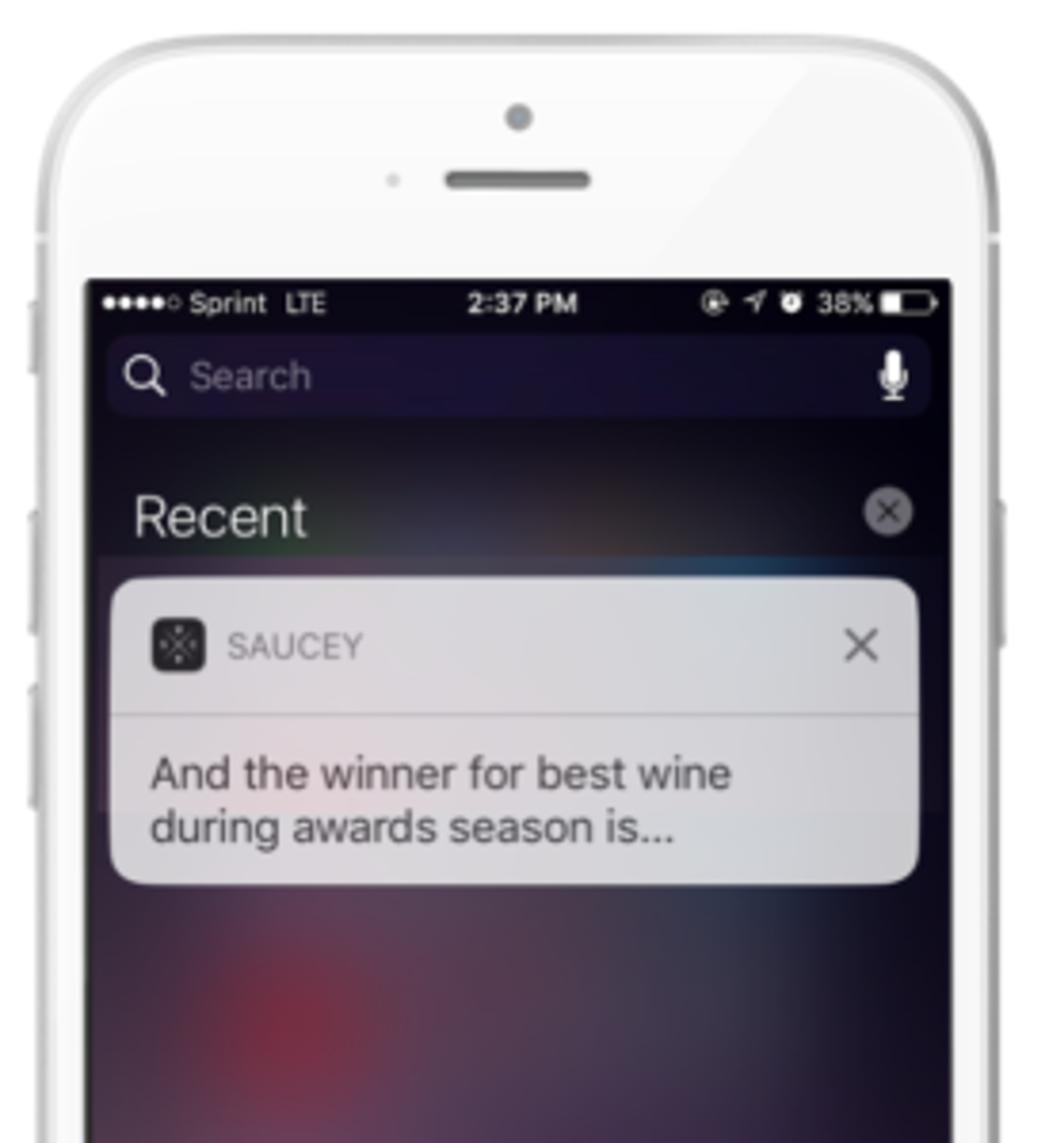 A smartphone screen displaying a notification from the Saucy app about the winner for best wine during awards season. The time is 2:37 PM and the battery is at 38%.