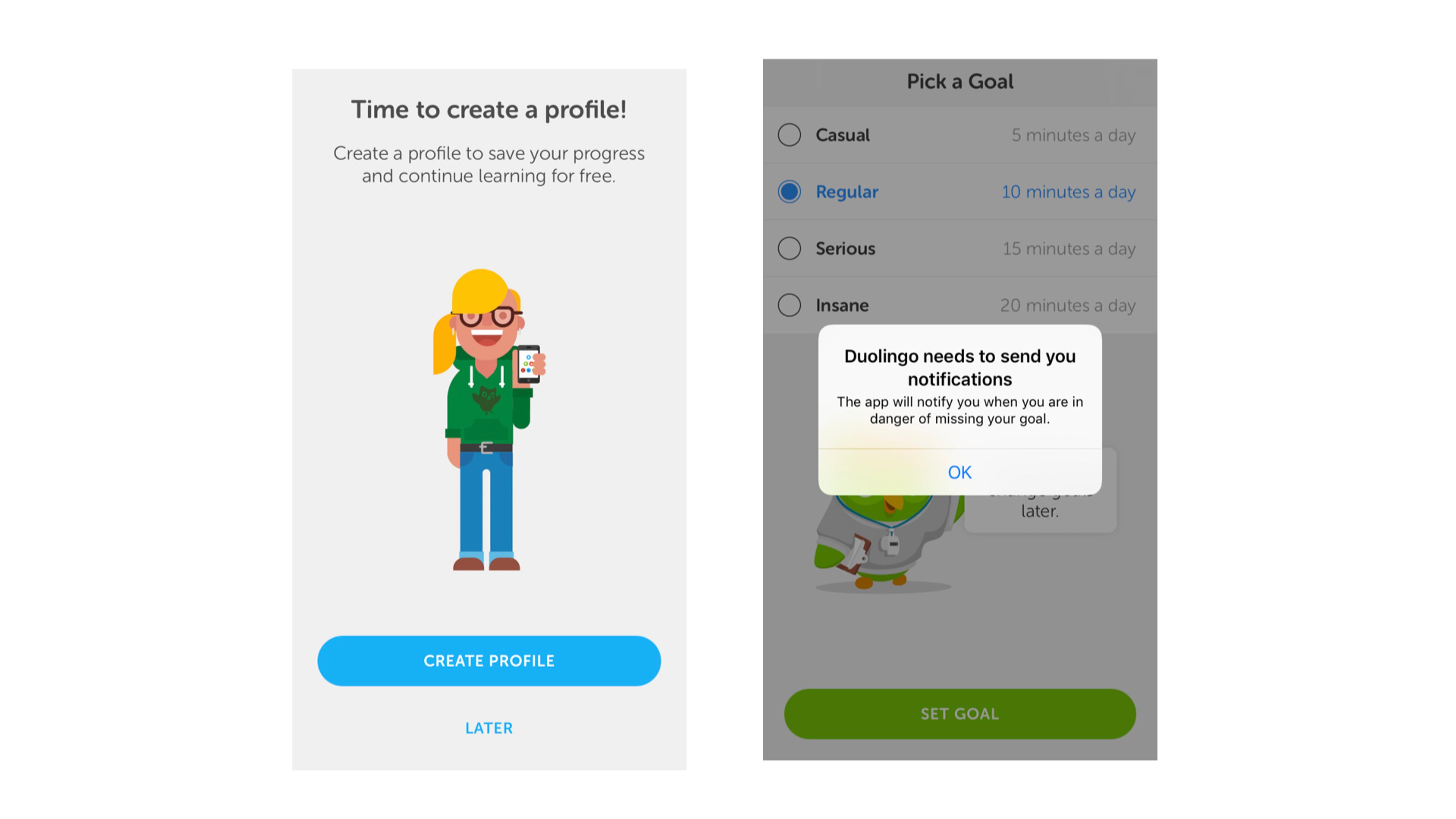 A cartoon character holding a phone prompts the user to create a profile for a learning app. The right side shows options for setting a daily learning goal and a notification request from the app.
