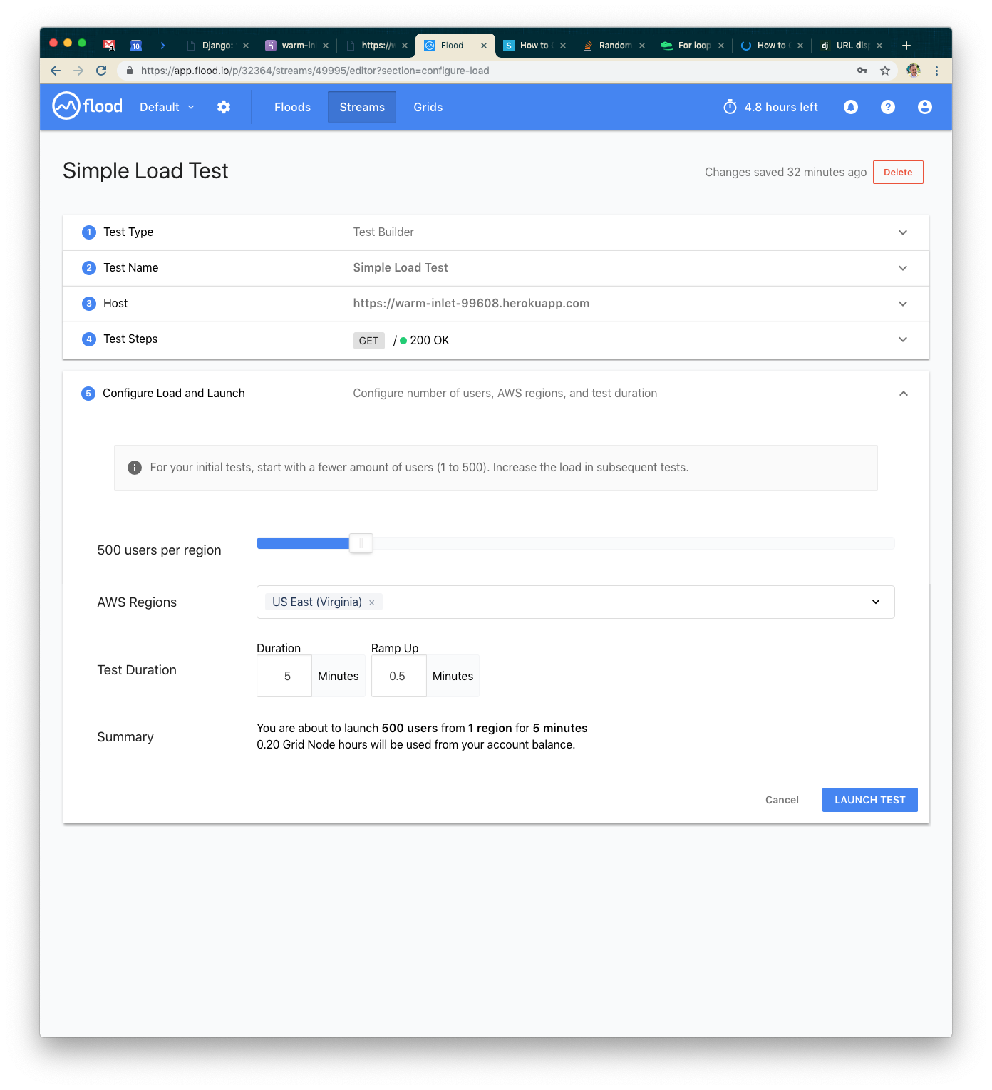 A web interface for a simple load test configuration, displaying options for test type, URL, load parameters, and AWS regions. The summary section highlights the ability to launch 500 users for 5 minutes.