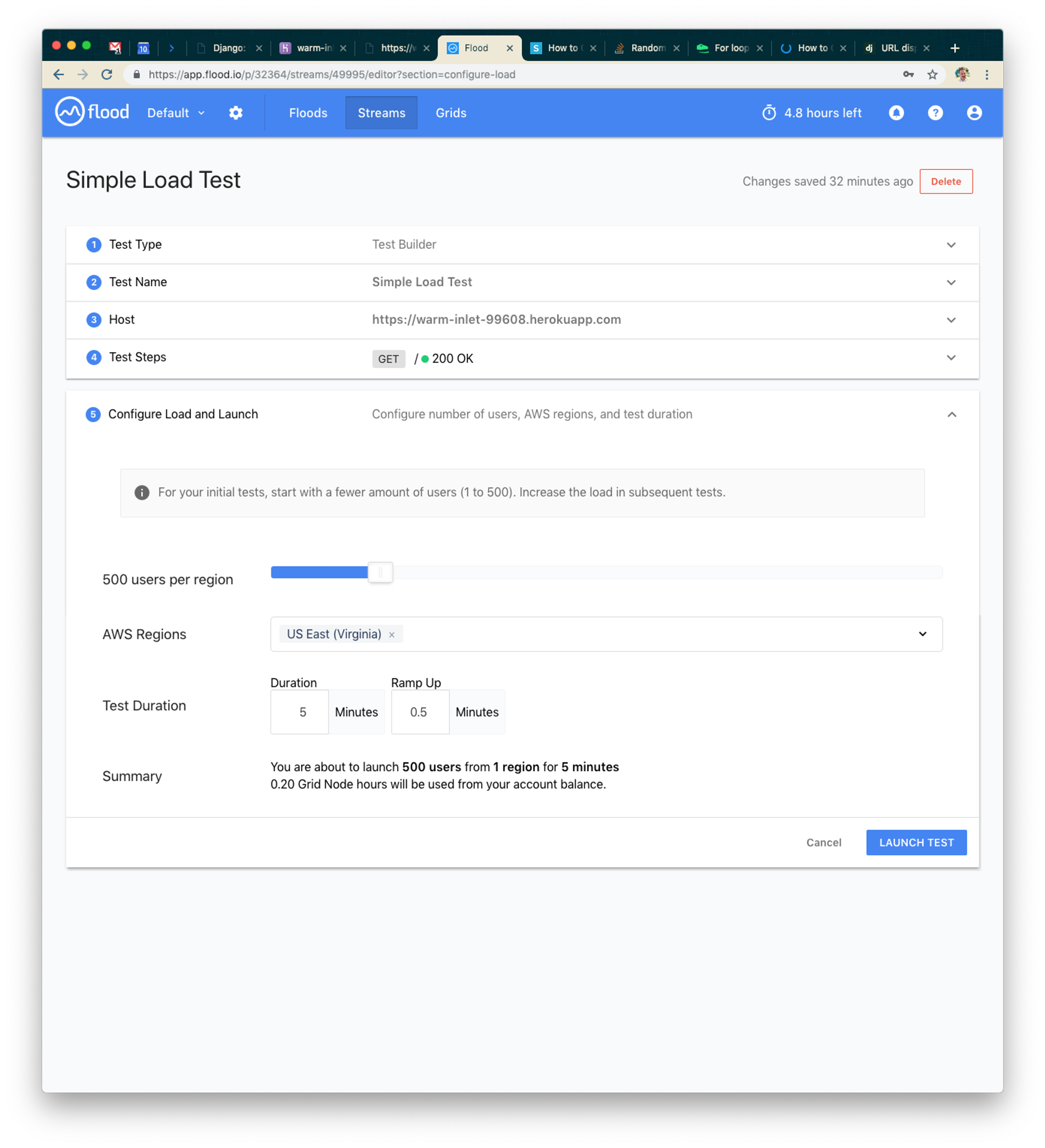A web interface for a simple load test configuration, displaying options for test type, URL, load parameters, and AWS regions. The summary section highlights the ability to launch 500 users for 5 minutes.