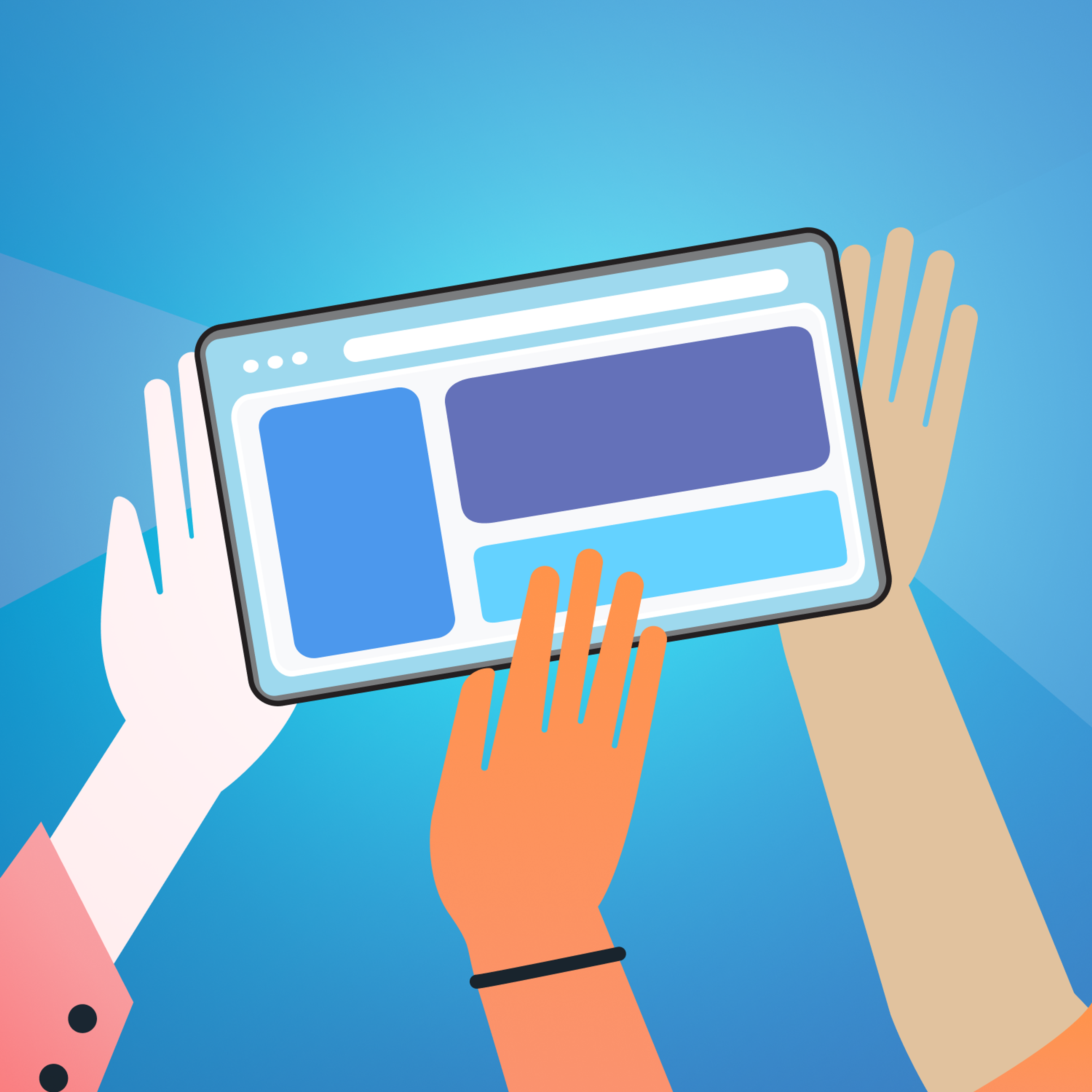 Three hands of different skin tones reach towards a tablet displaying a user interface. The background is a gradient of blue.