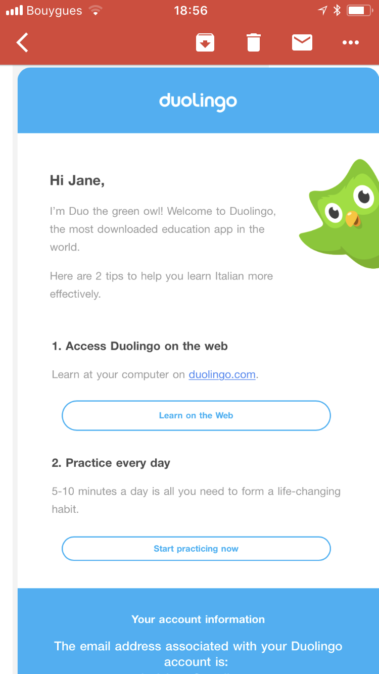 An email from Duolingo welcoming a user named Jane, with tips for learning Italian. The email features a green owl mascot in the corner.