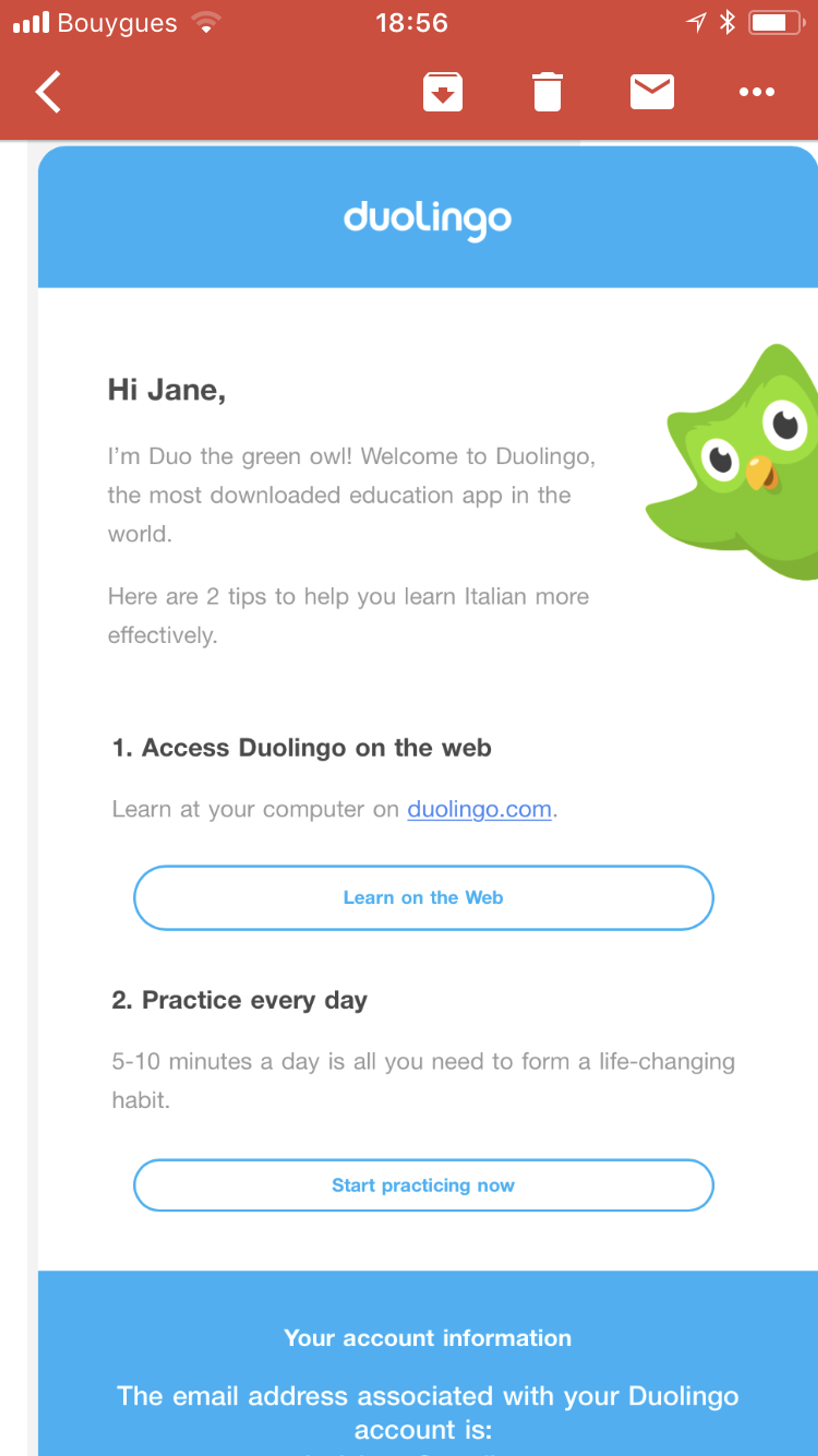 An email from Duolingo welcoming a user named Jane, with tips for learning Italian. The email features a green owl mascot in the corner.