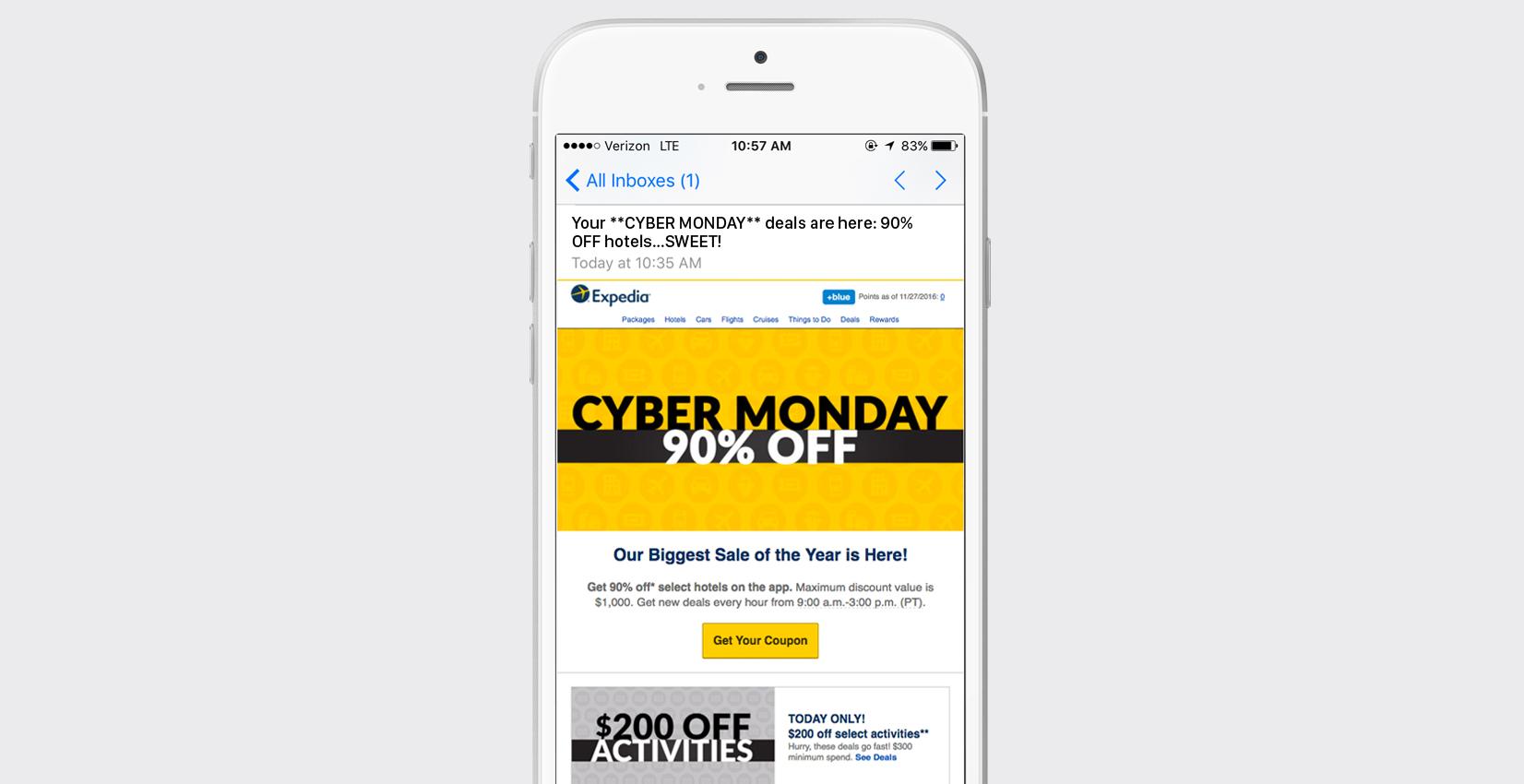 A smartphone displaying an email advertisement for Cyber Monday deals, featuring "90% OFF" prominently in yellow text. The email promotes discounts on hotels and activities.