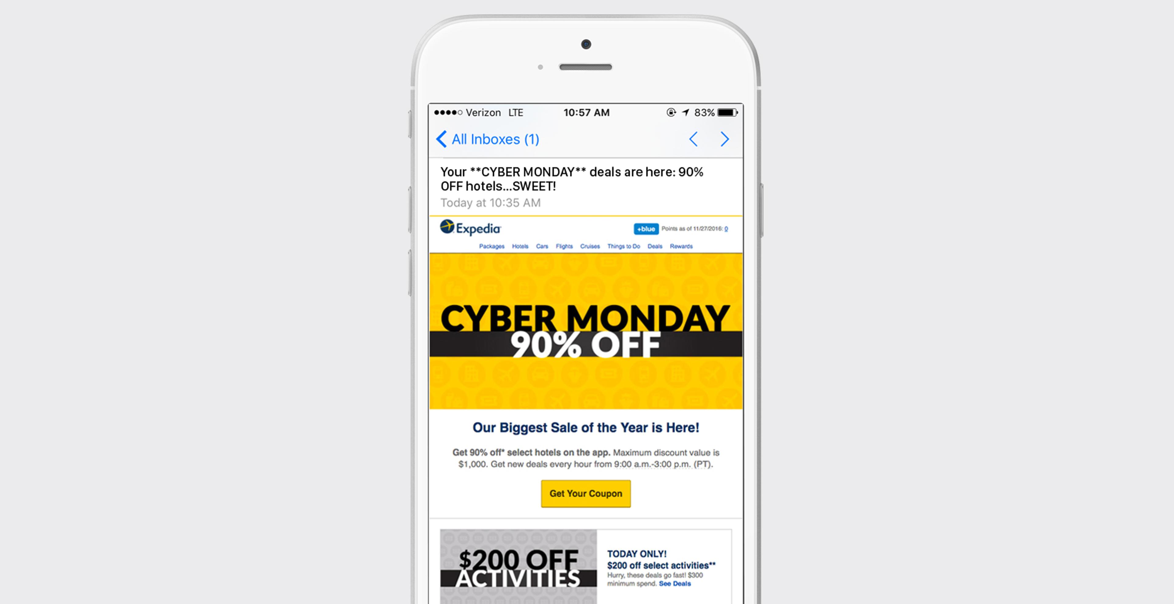 A smartphone displaying an email advertisement for Cyber Monday deals, featuring "90% OFF" prominently in yellow text. The email promotes discounts on hotels and activities.