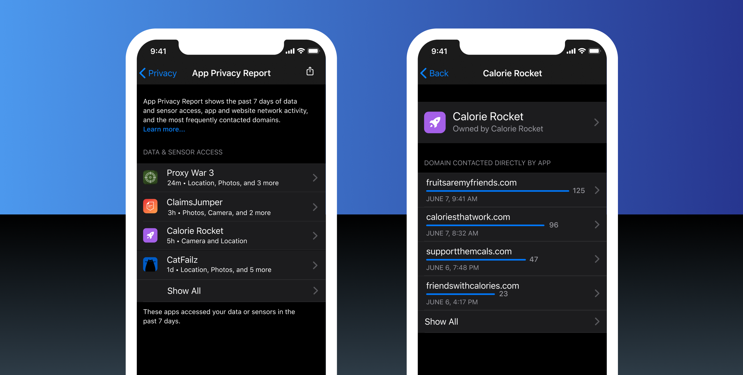 Two smartphones displaying App Privacy Report settings. The left screen shows a list of apps with data access details, while the right screen focuses on the "Calorie Rocket" app and its associated domains.