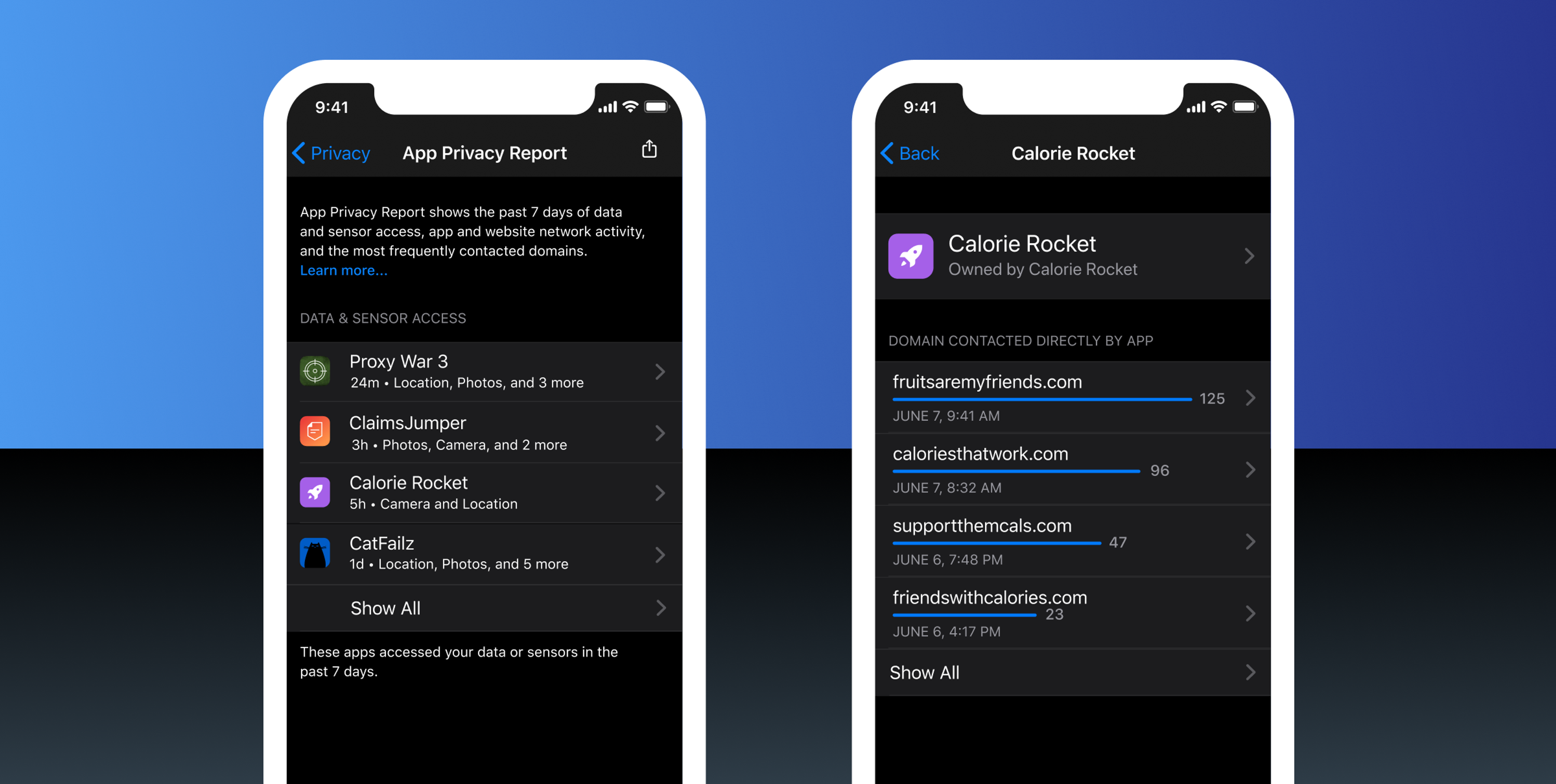 Two smartphones displaying App Privacy Report settings. The left screen shows a list of apps with data access details, while the right screen focuses on the "Calorie Rocket" app and its associated domains.