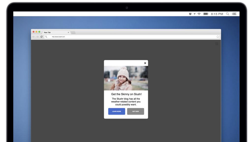 A pop-up window on a computer screen promoting content on "Suush." It features a smiling person wearing a winter hat and offers options to learn more or dismiss the message.