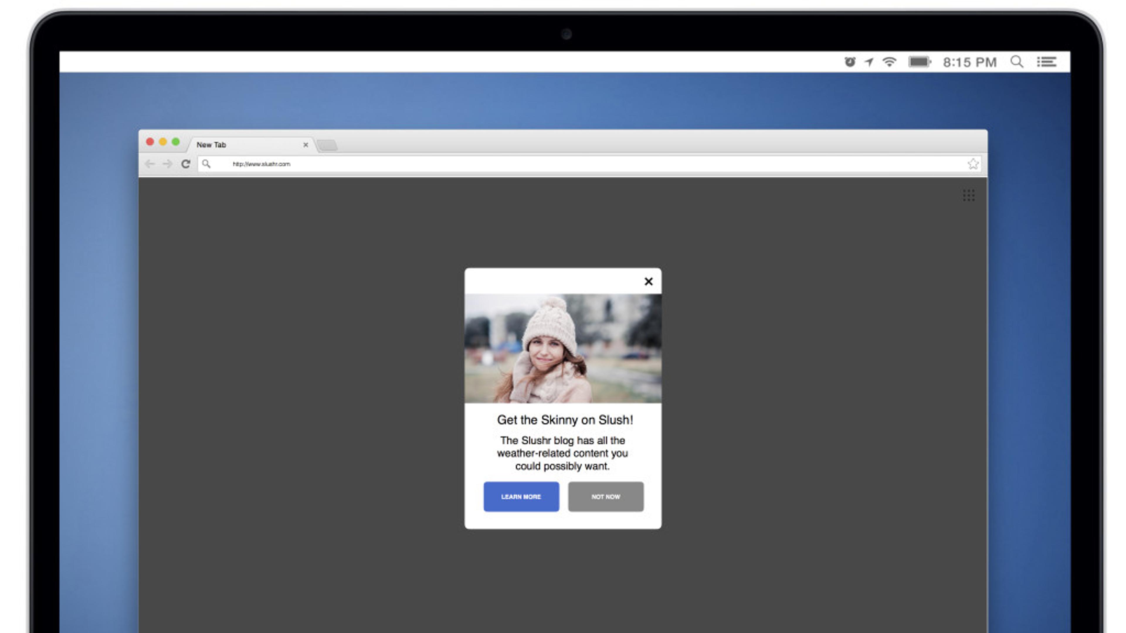A pop-up window on a computer screen promoting content on "Suush." It features a smiling person wearing a winter hat and offers options to learn more or dismiss the message.