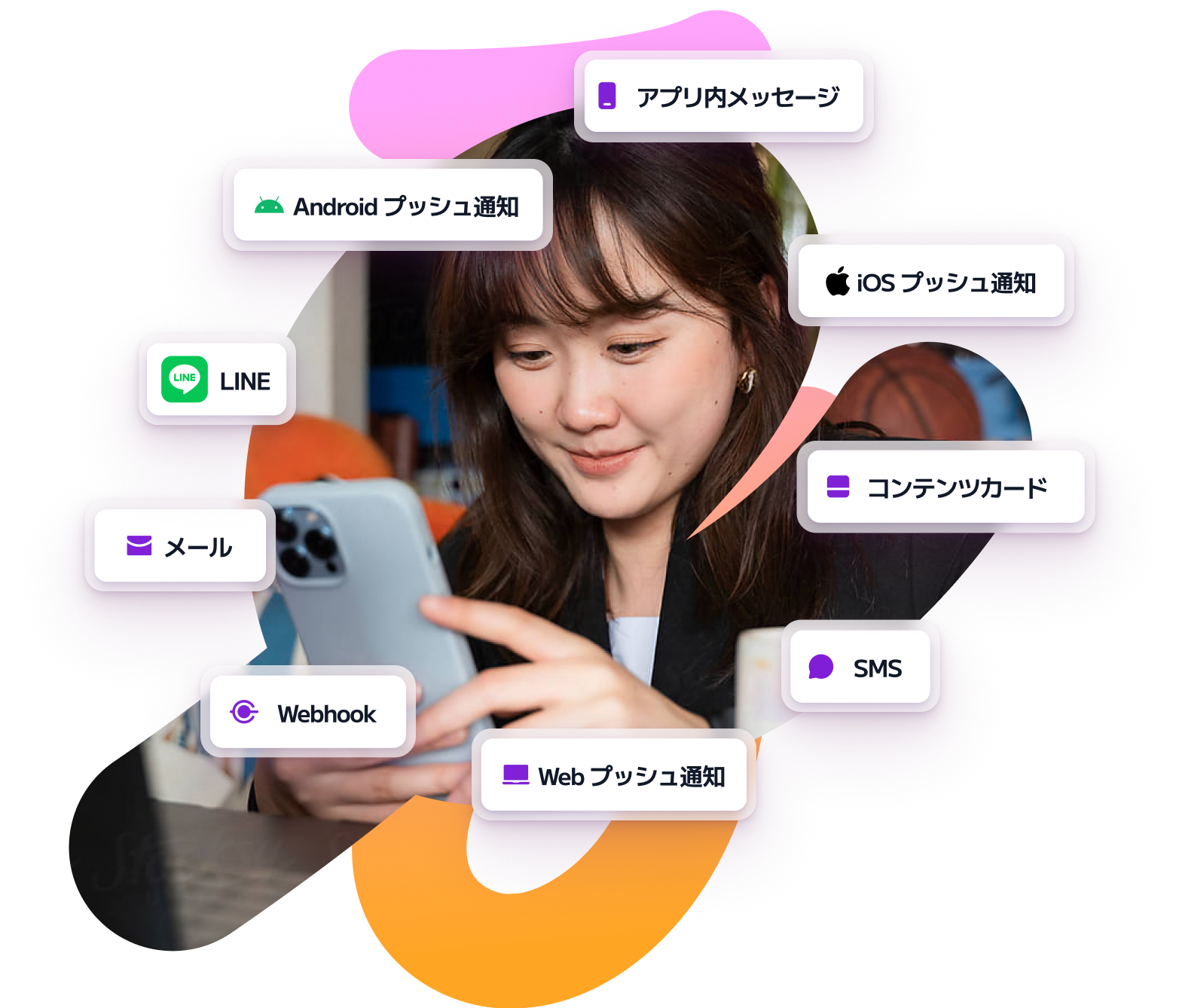 a woman is looking at her phone with bubbles around her including one that says webhook