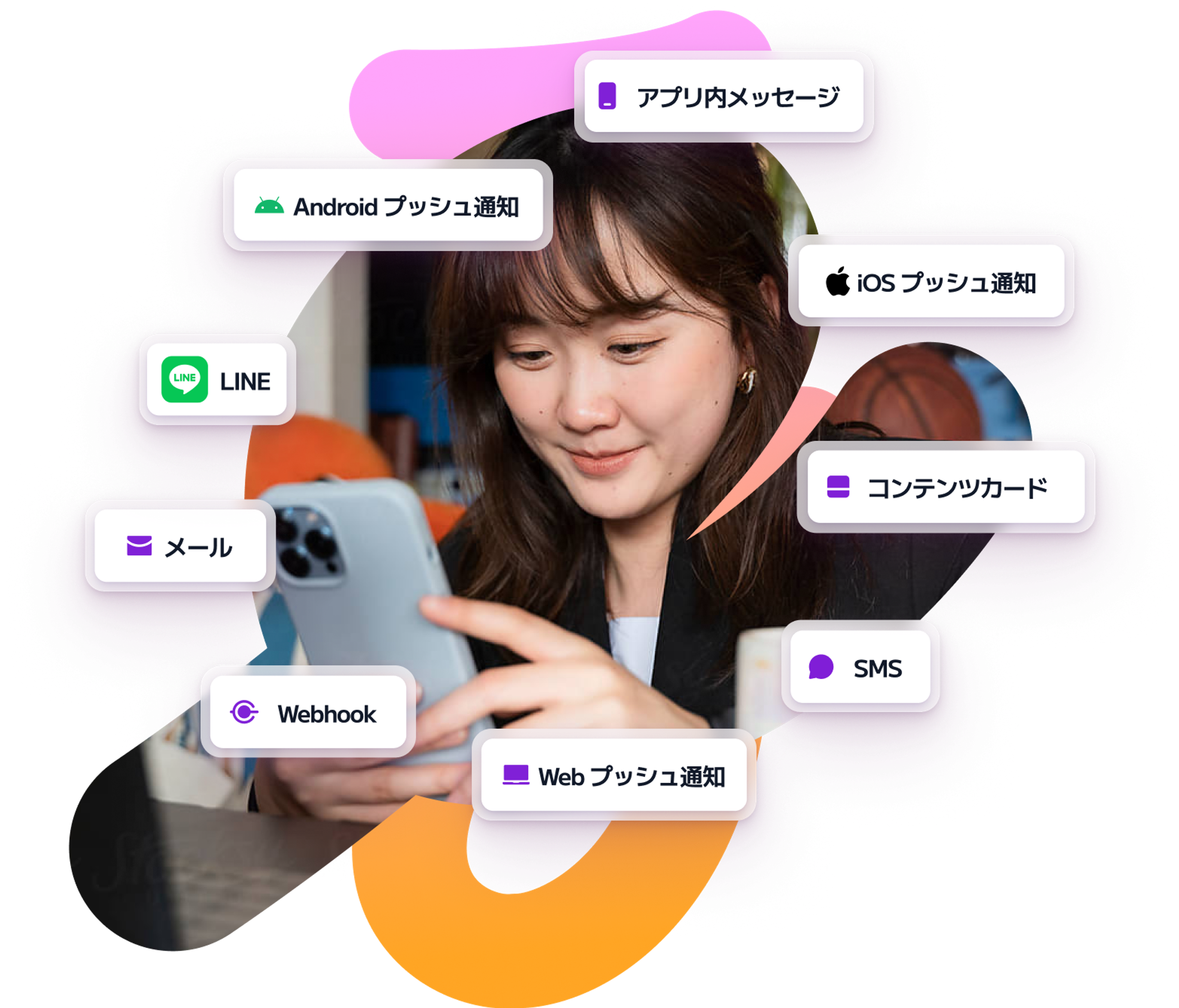 a woman is looking at her phone with bubbles around her including one that says webhook