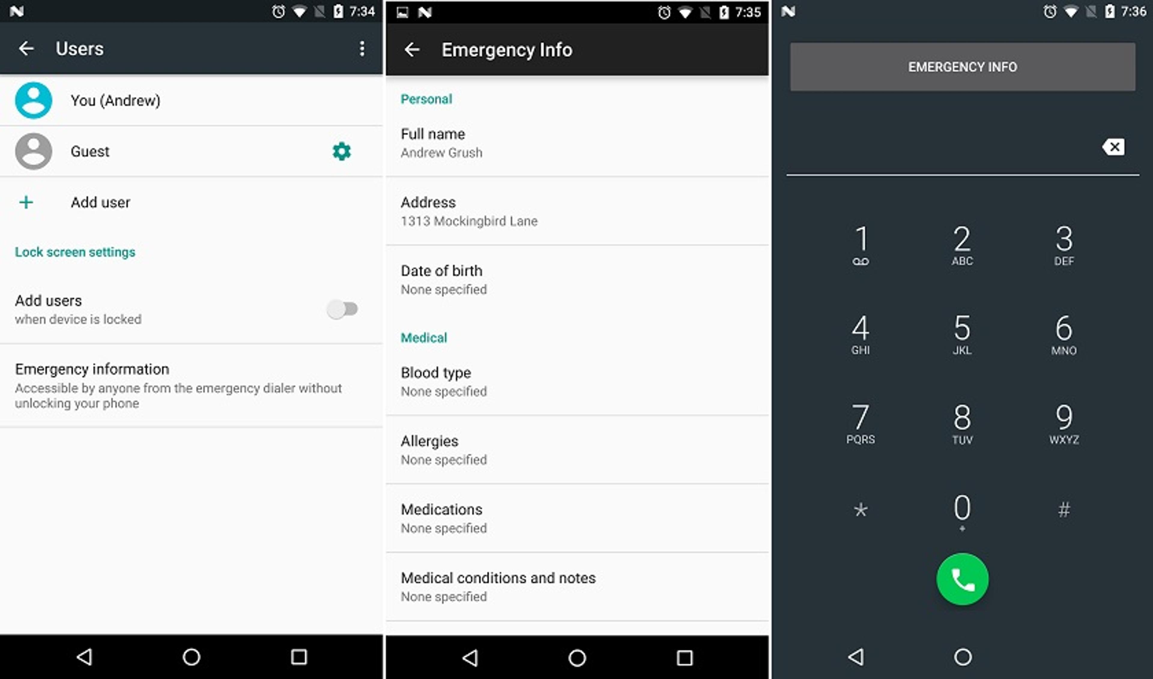 Screenshots of a mobile device displaying user settings and emergency information, including personal details like name, address, date of birth, and medical information. The third screen shows a numeric keypad labeled "EMERGENCY INFO.