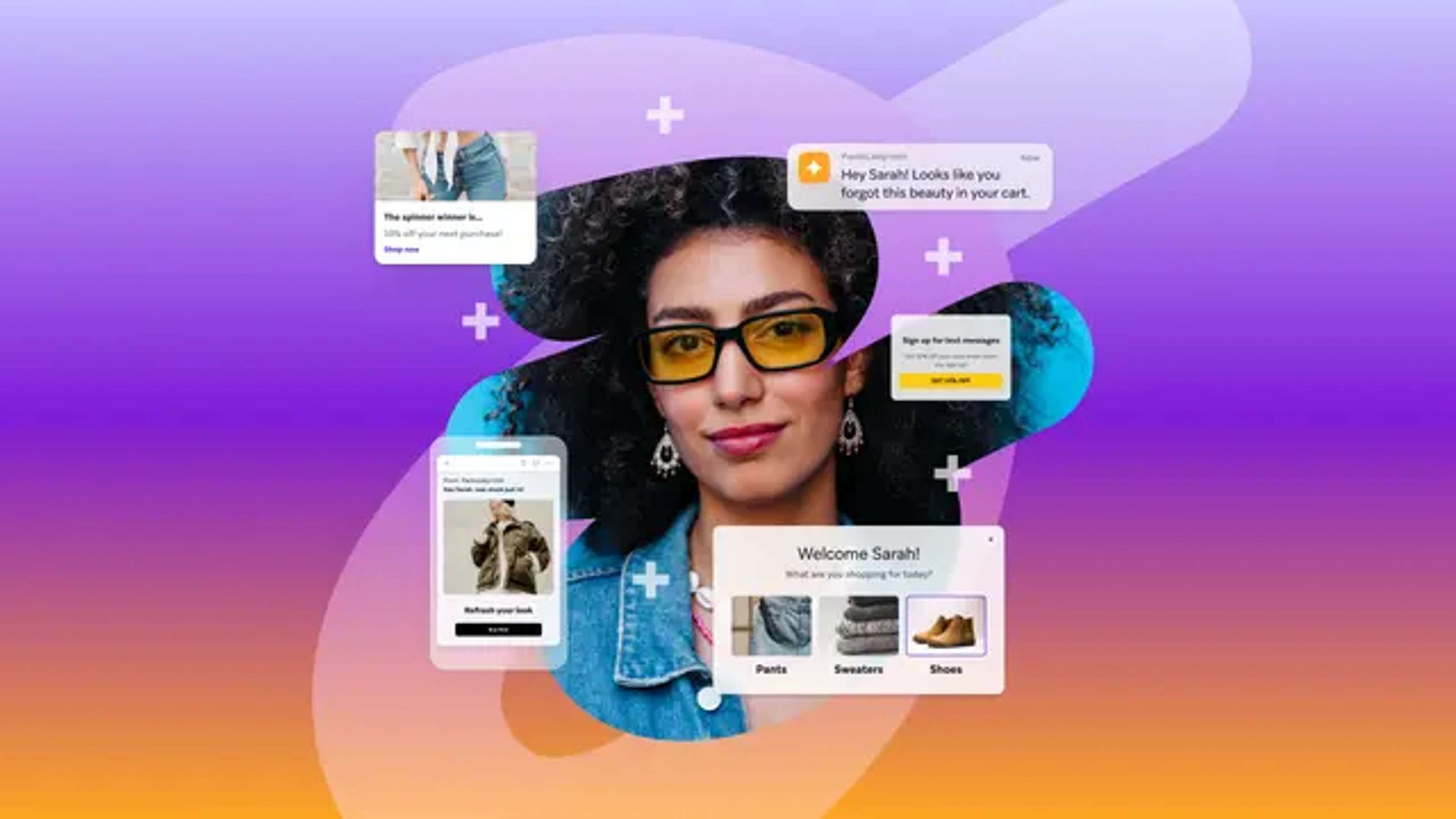 Uma mulher de óculos amarelos rodeada por anúncios pop-up e notificações de comércio eletrônico sobre um fundo com degradê roxo e laranja.