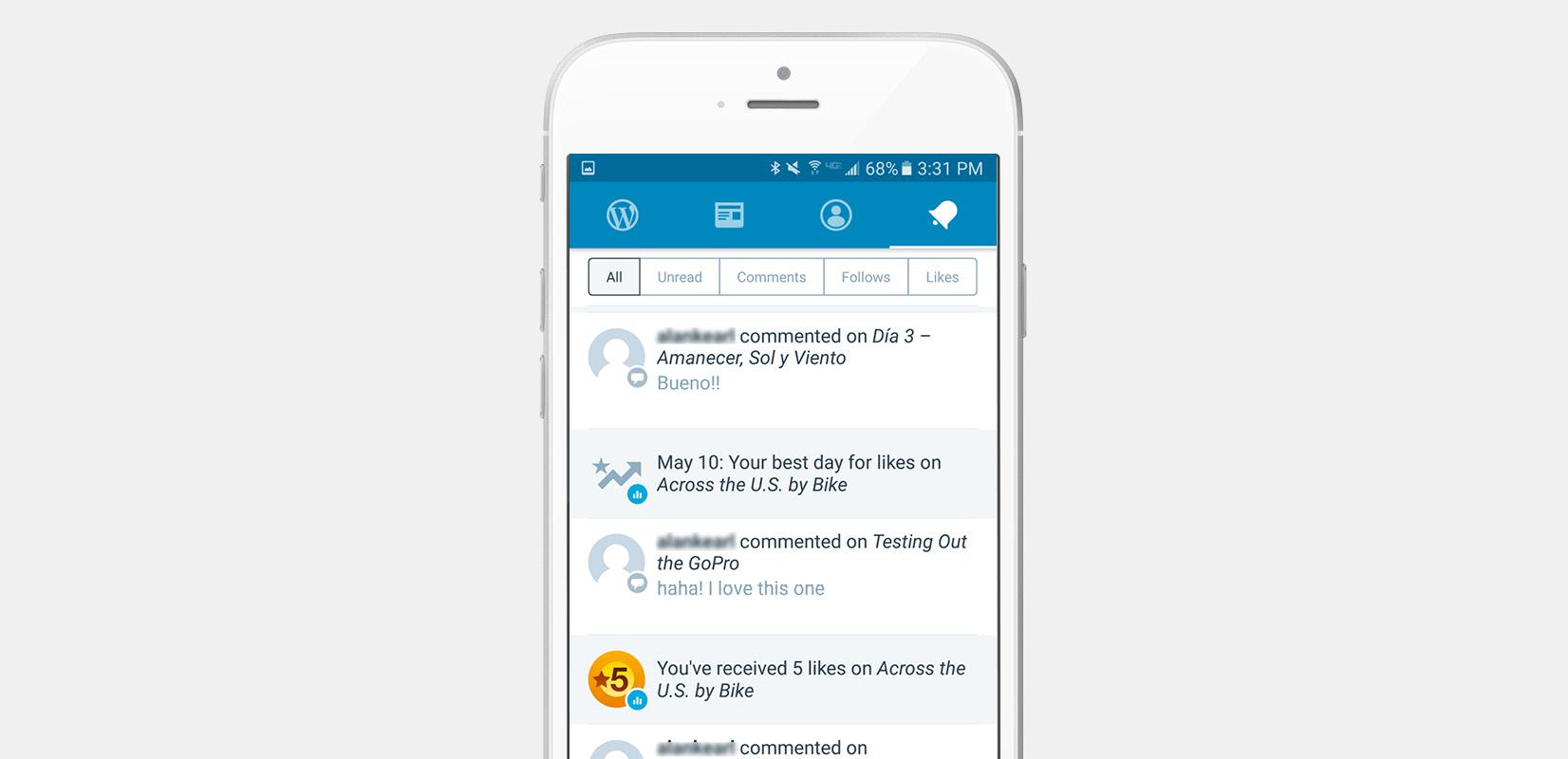 A smartphone displaying a social media app interface with comments and notifications. The screen shows user interactions and likes on posts.
