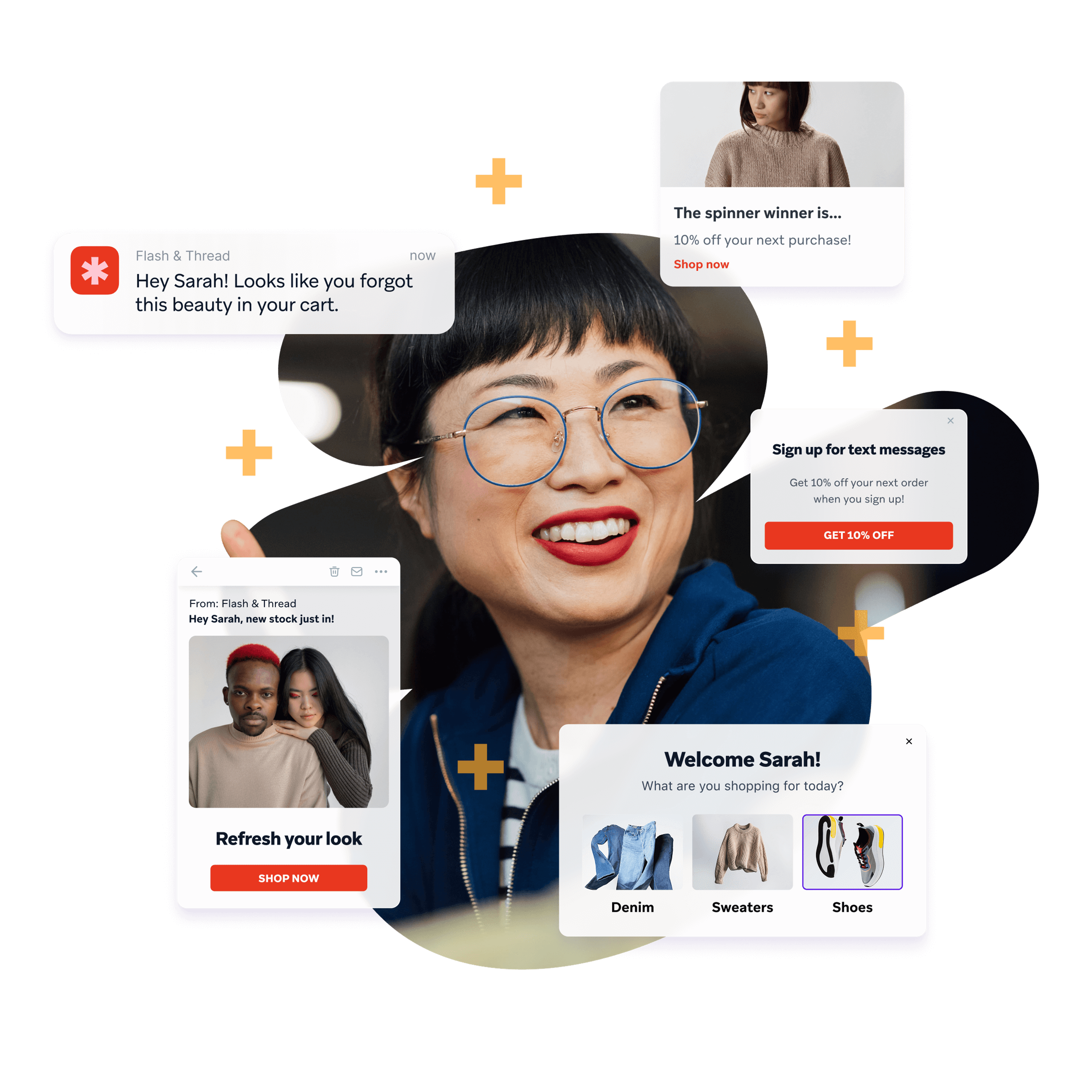 a woman wearing glasses is surrounded by advertisements for flash & thread