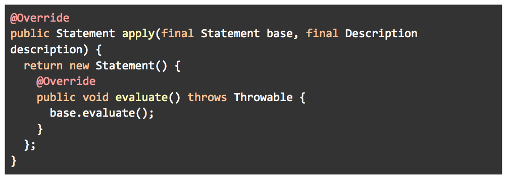Code snippet showing a Java method that overrides a base class method to return a new Statement object. The evaluate method calls the base class's evaluate method.