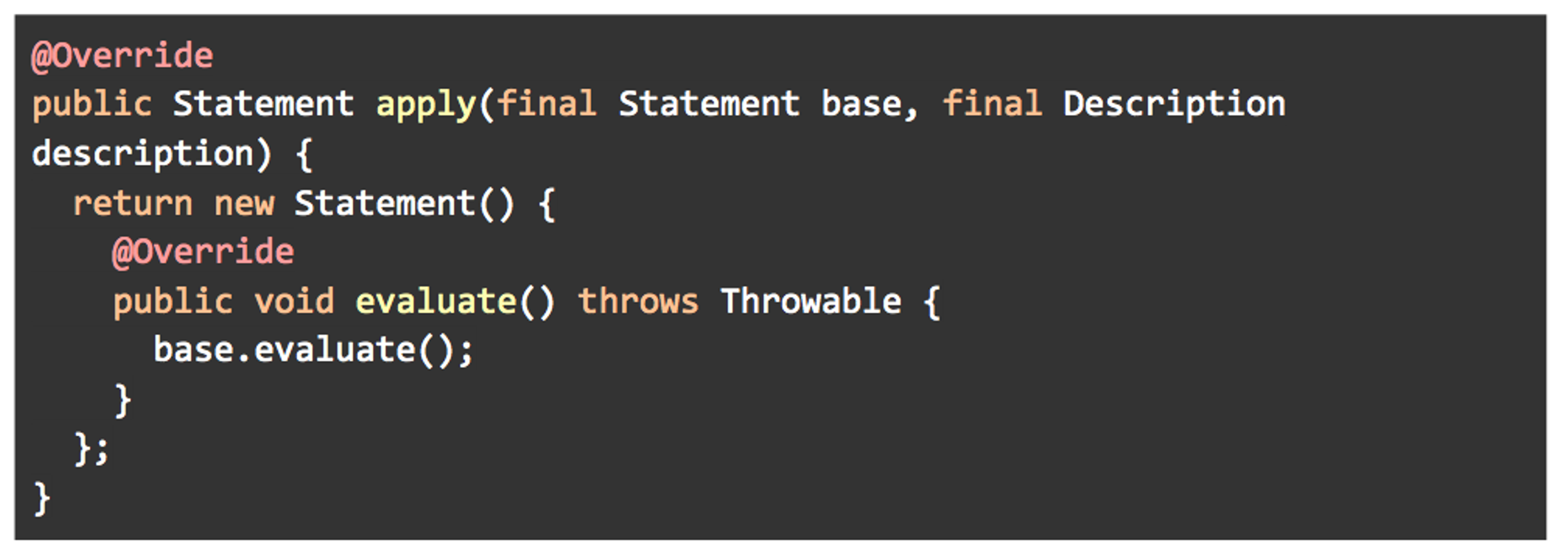 Code snippet showing a Java method that overrides a base class method to return a new Statement object. The evaluate method calls the base class's evaluate method.