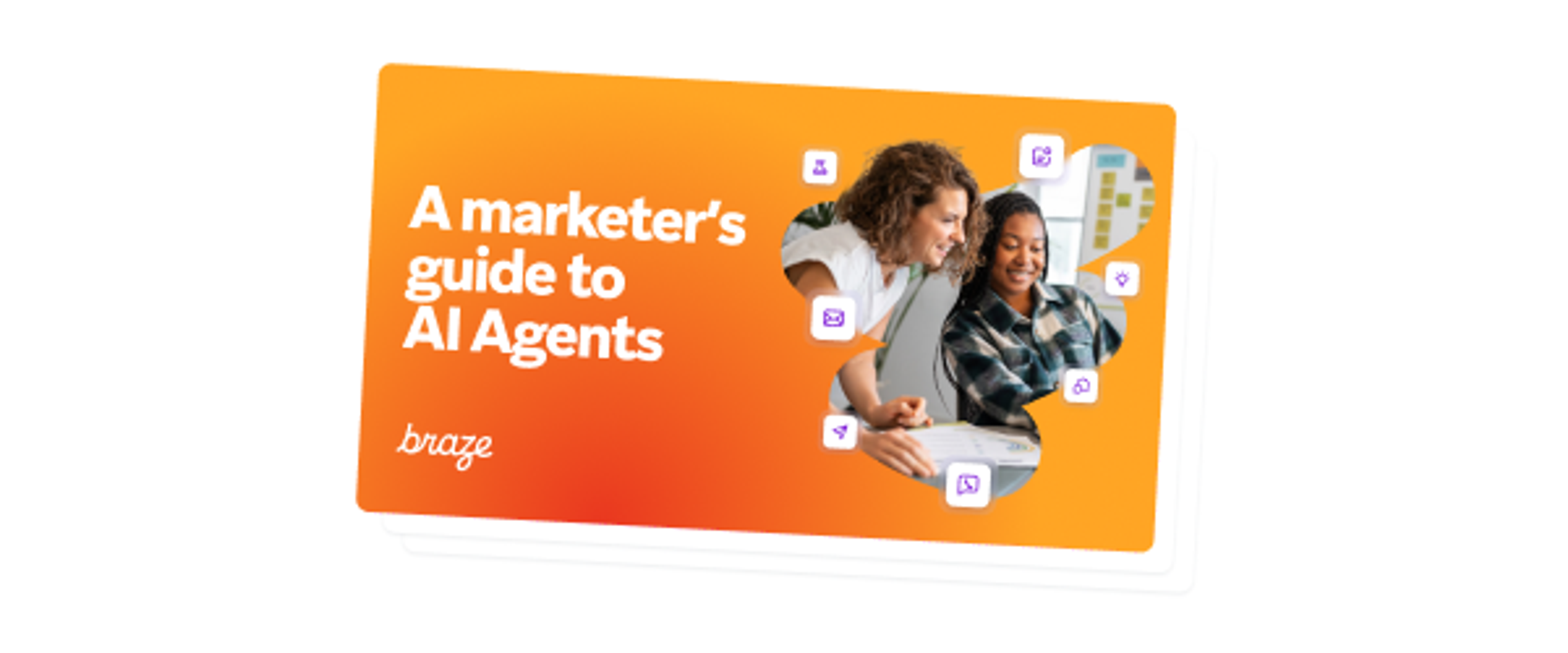 Promotional graphic titled “A marketer’s guide to AI Agents” from Braze, showing two smiling people collaborating at a computer on an orange gradient background.