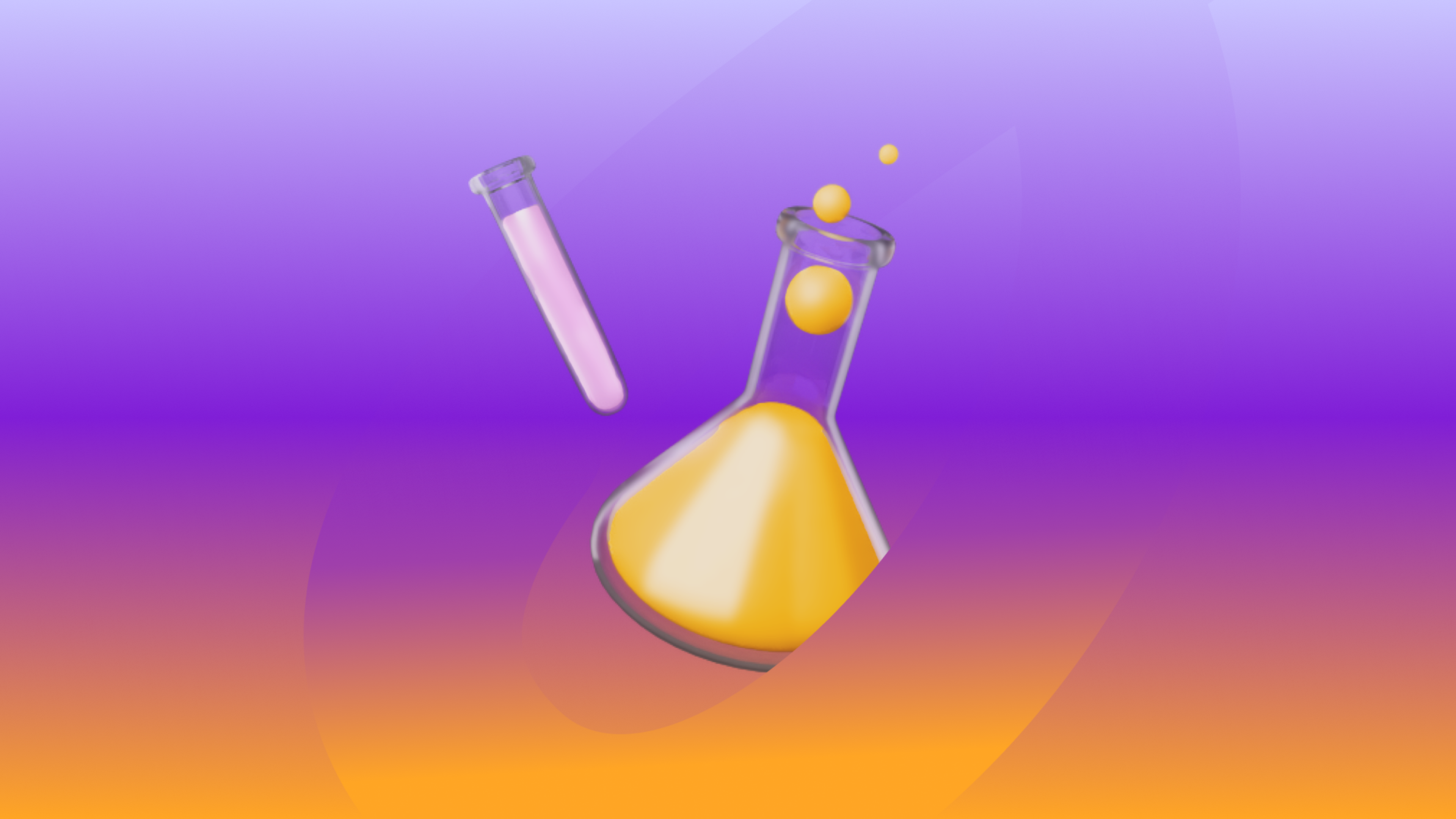 a beaker and a test tube are floating in the air on a purple and orange background .
