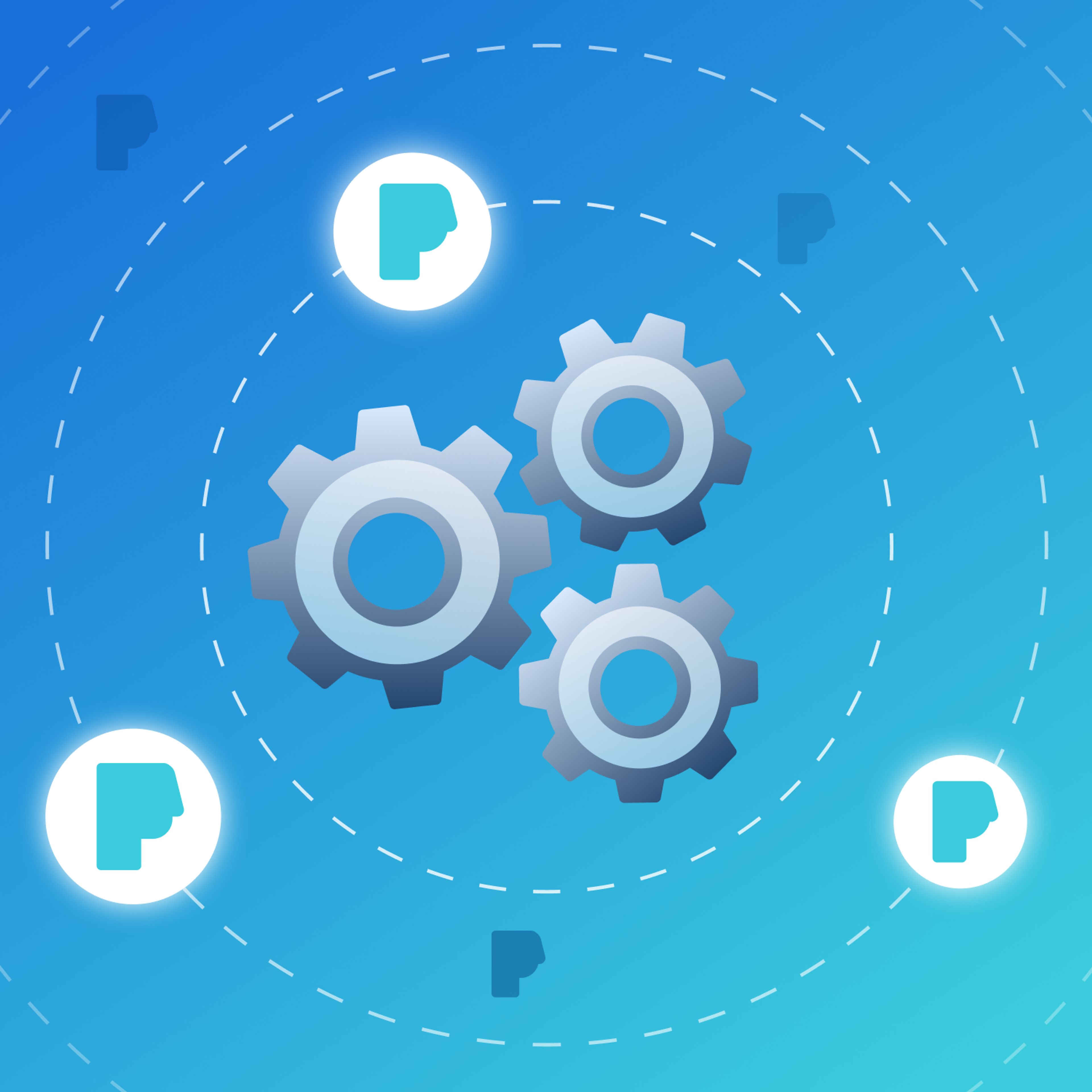 Four gears are arranged in a circular pattern with PayPal logos surrounding them on a blue background.