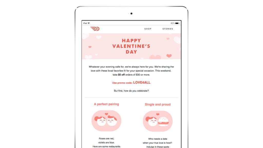 A Valentine's Day promotional message on a tablet screen, featuring a pink background with hearts and a discount offer. The text encourages users to use a promo code for savings on their orders.