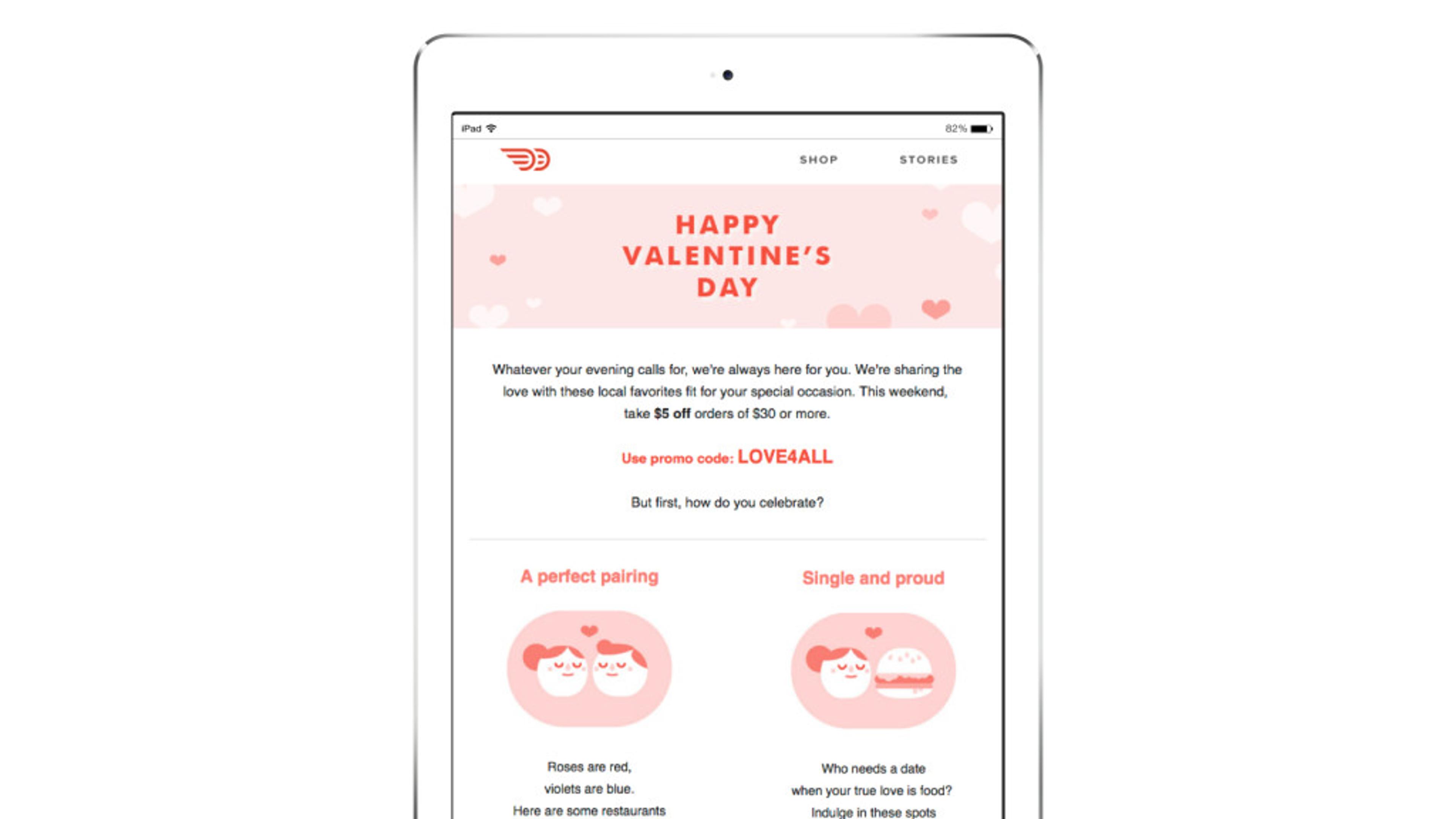 A Valentine's Day promotional message on a tablet screen, featuring a pink background with hearts and a discount offer. The text encourages users to use a promo code for savings on their orders.