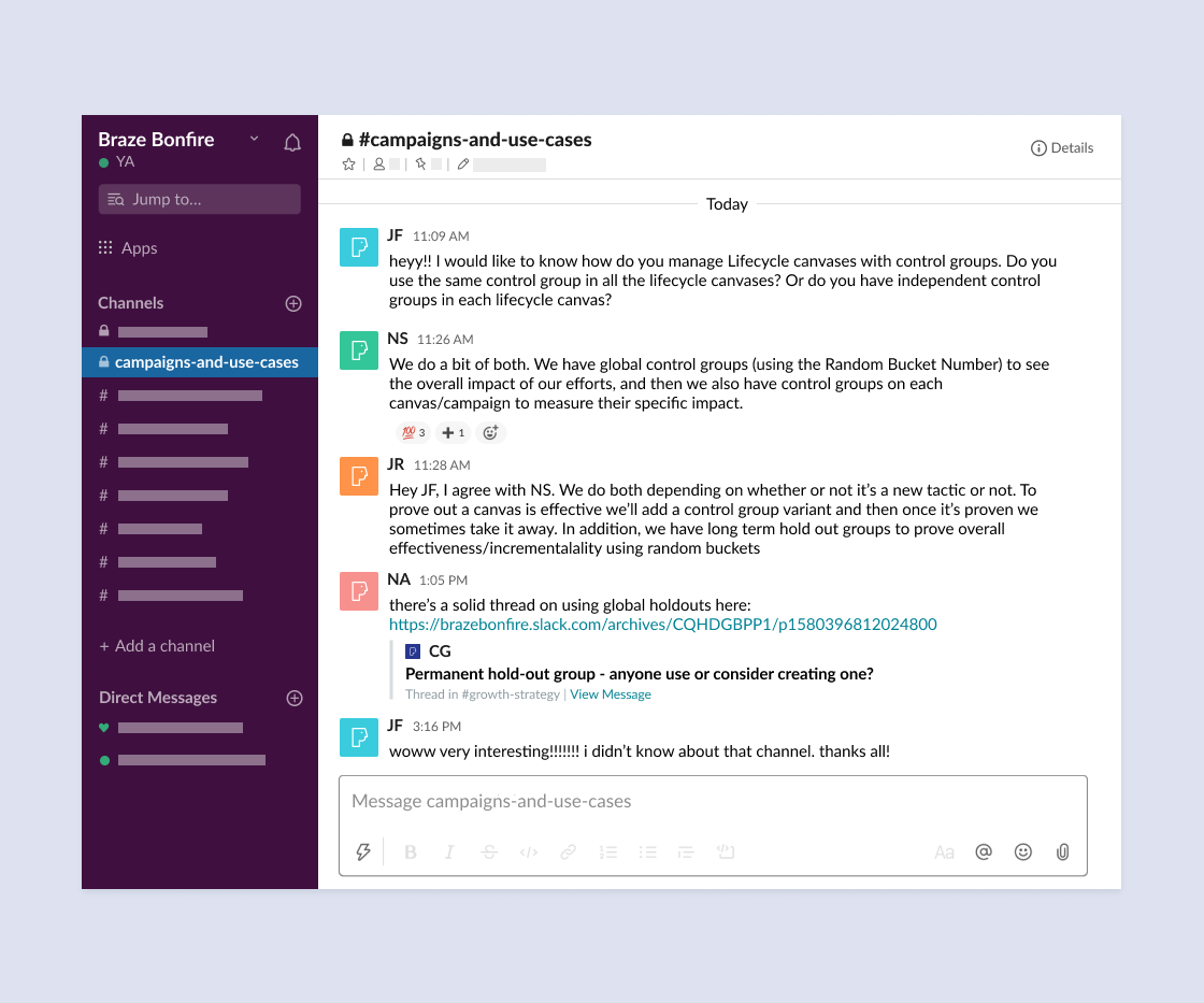 A screenshot of a Slack conversation discussing campaign management and control groups. Messages include inquiries about lifecycle canvases and group creation.