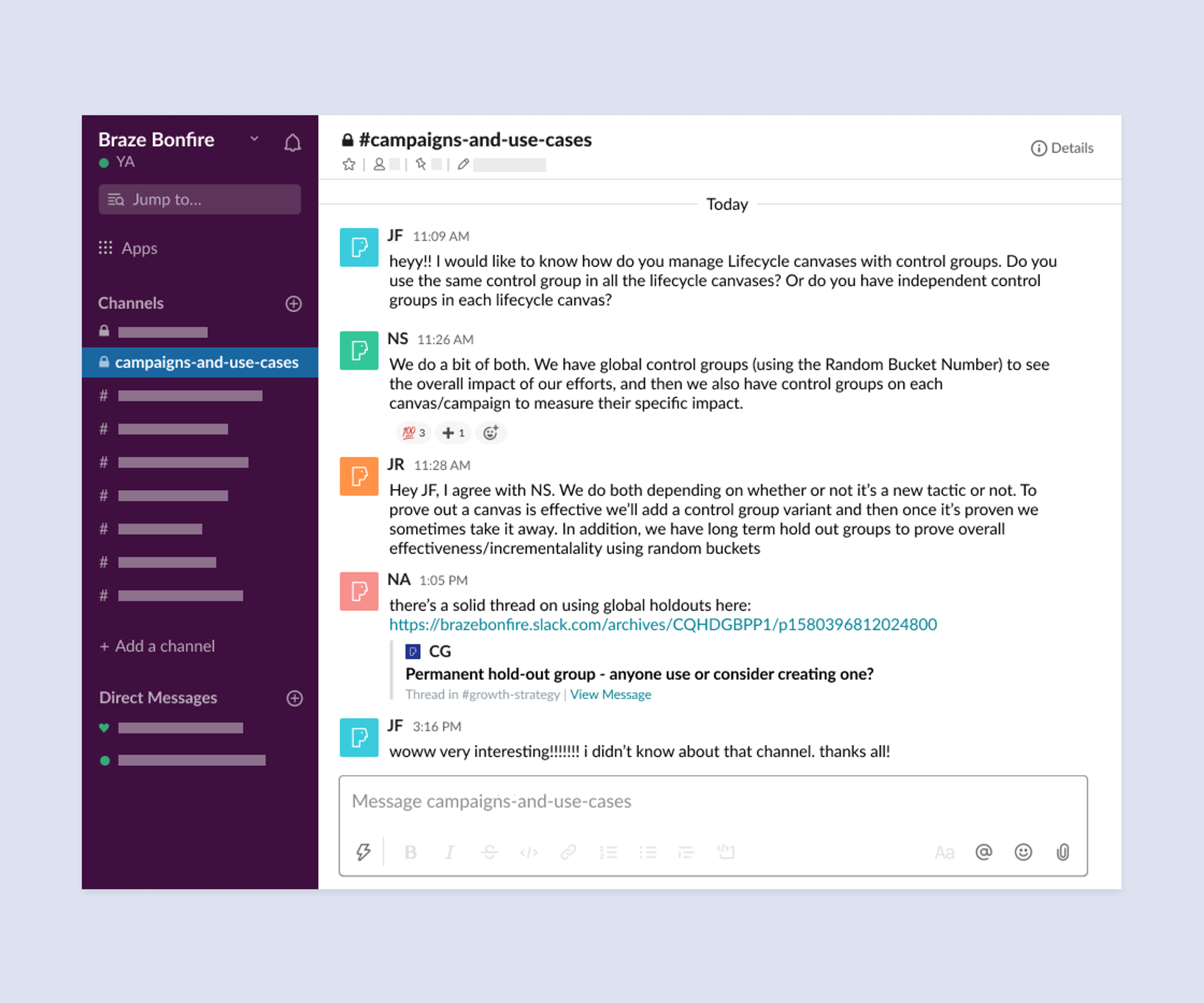 A screenshot of a Slack conversation discussing campaign management and control groups. Messages include inquiries about lifecycle canvases and group creation.