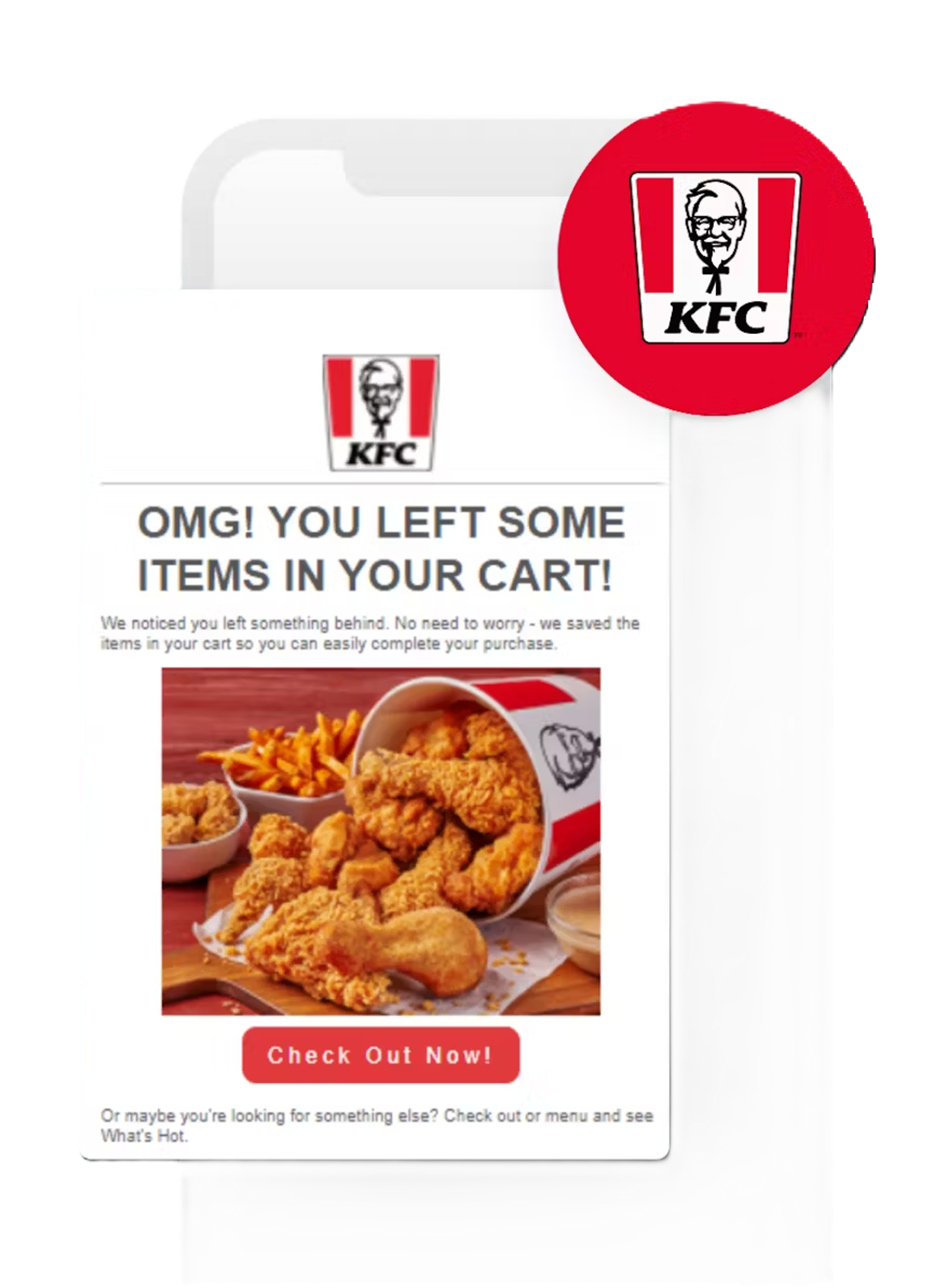 a kfc advertisement on a phone that says omg you left some items in your cart