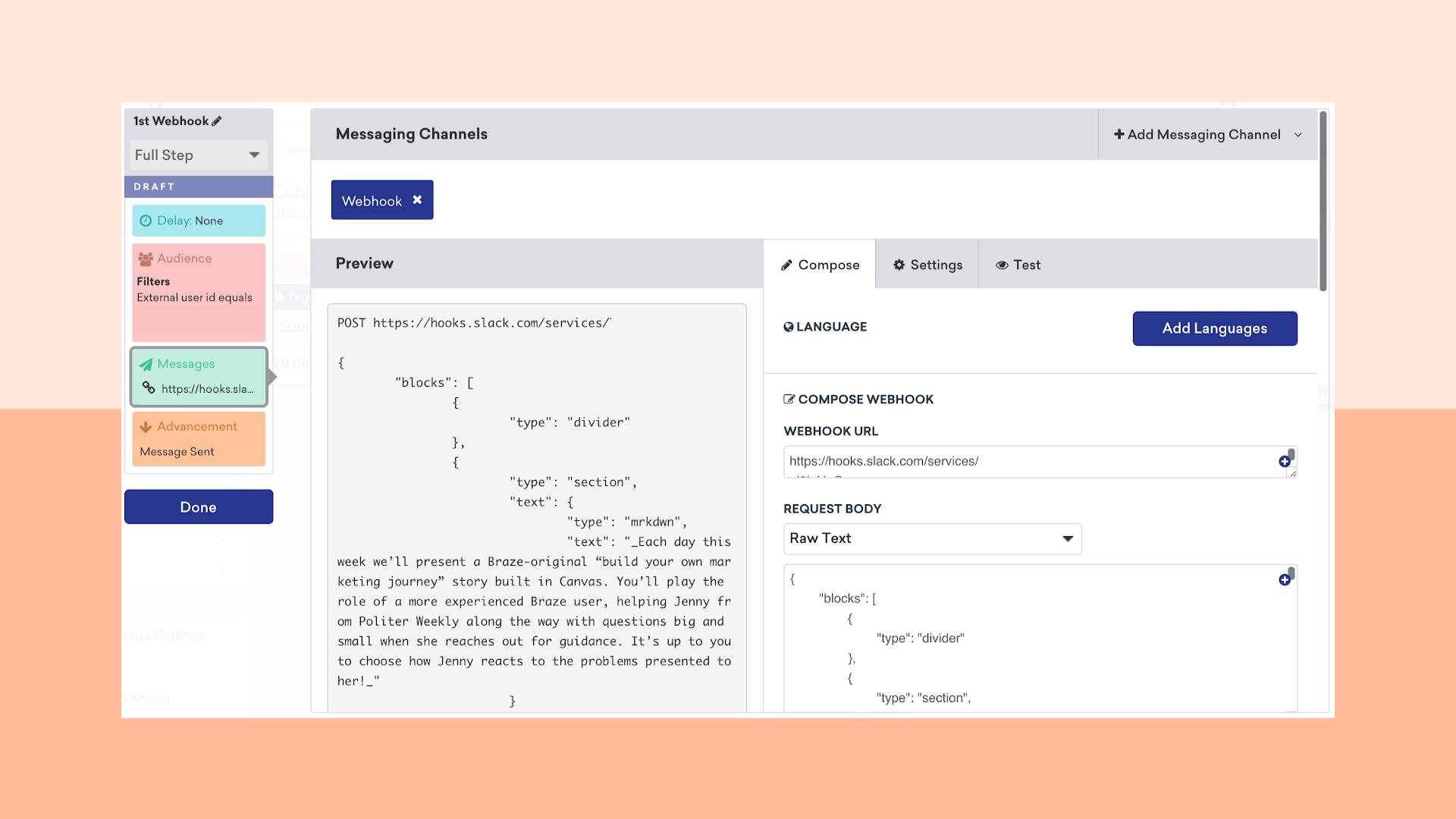 A screenshot of a messaging channels interface, showing a webhook setup with sections for preview, compose, and settings. The interface includes code snippets and options for adding languages.