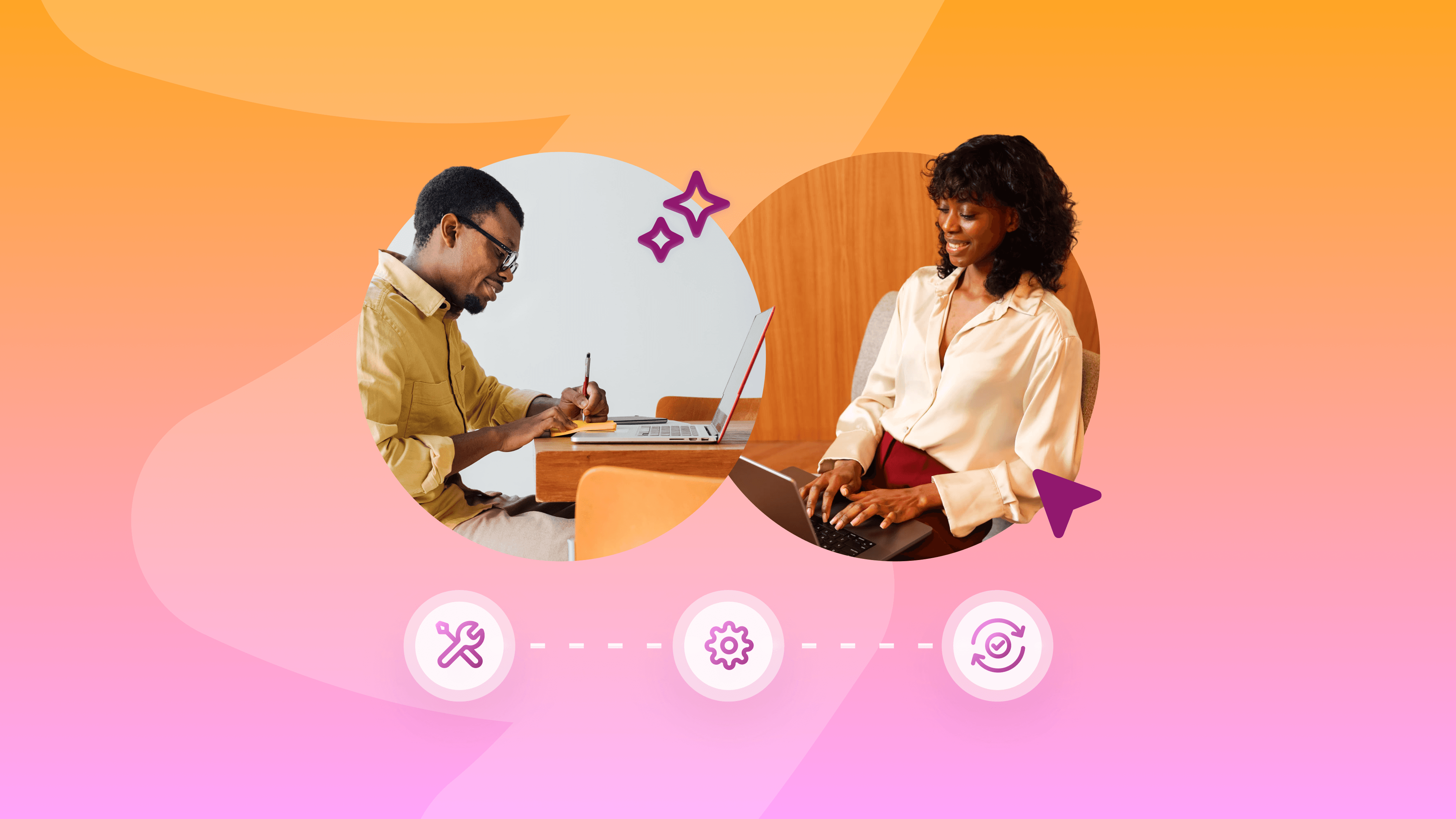 Two professionals work on laptops in overlapping circular frames against an orange and pink abstract background, with icons representing tools, settings, and workflow.