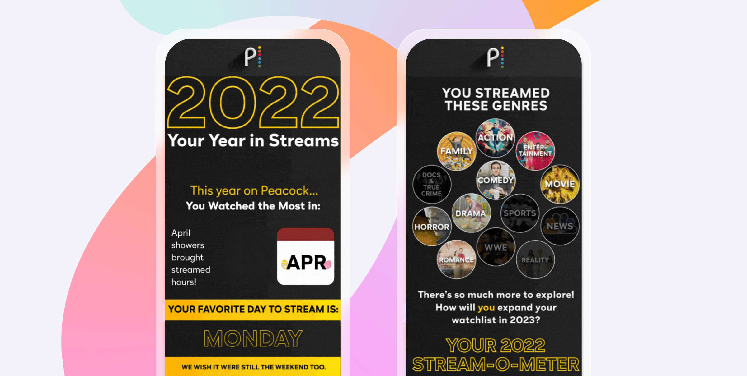Two smartphone screens display Peacock’s 2022 “Your Year in Streams” recap, highlighting viewing habits, a favorite streaming day, and watched genres.