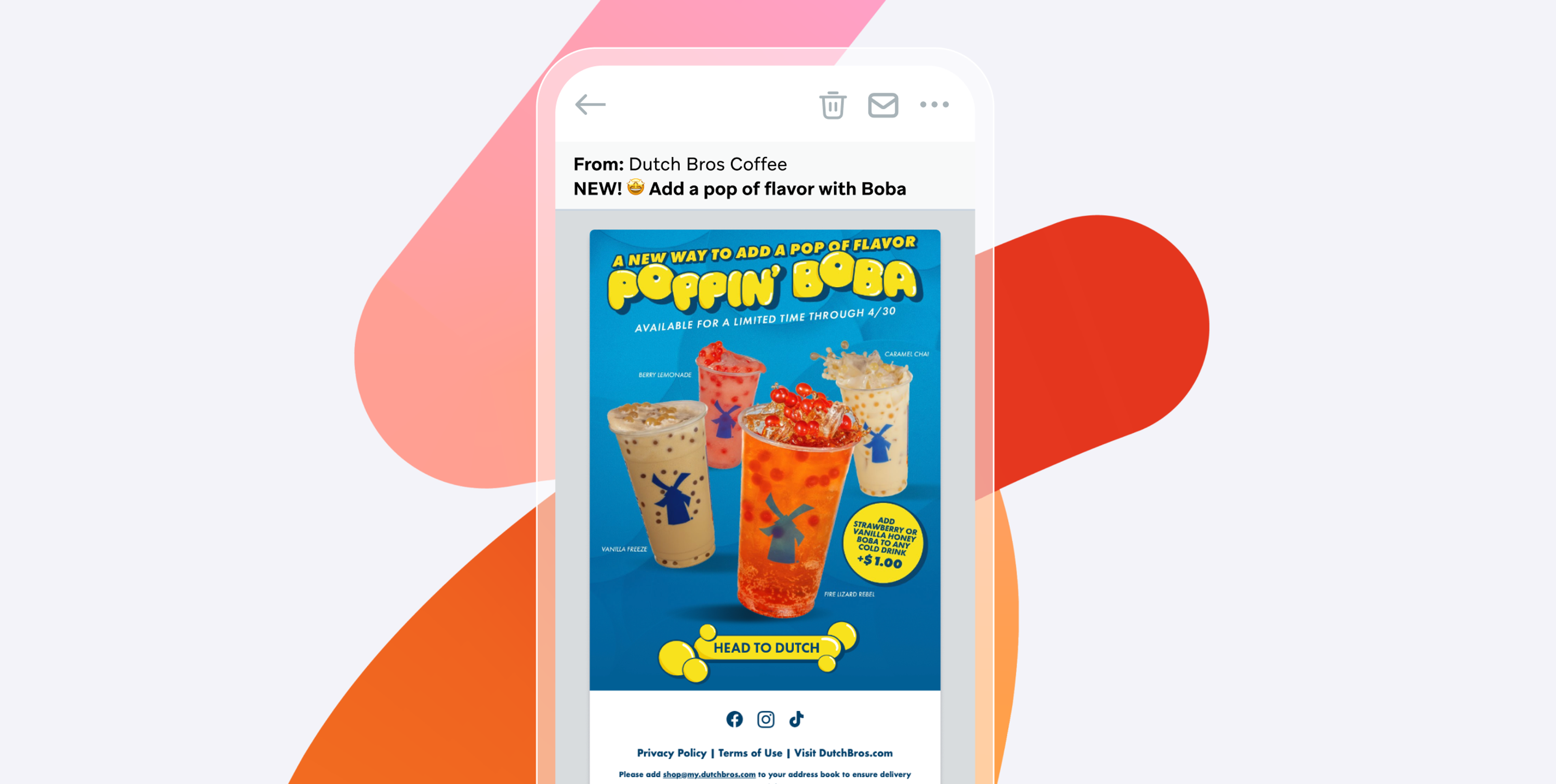 A mobile phone displays a Dutch Bros Coffee email advertising their new Poppin' Boba, featuring images of colorful boba drinks.