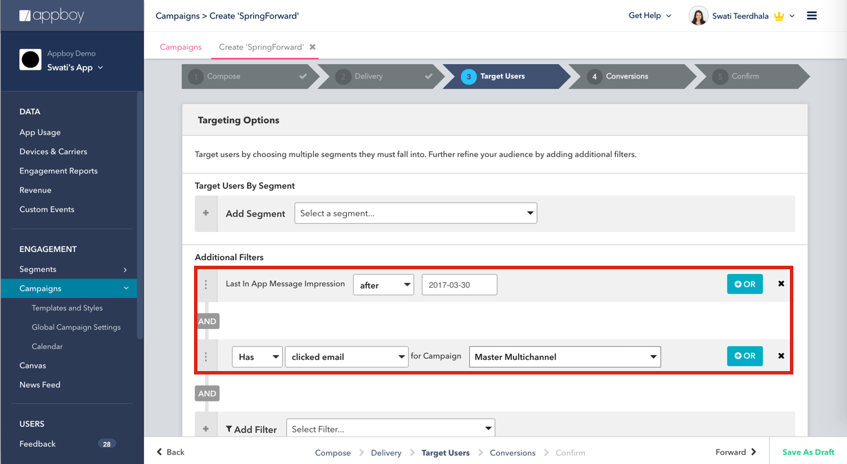 A screenshot of a campaign creation interface in Appboy, showing targeting options and filters for user segments. The filters include conditions for app message impressions and email clicks.