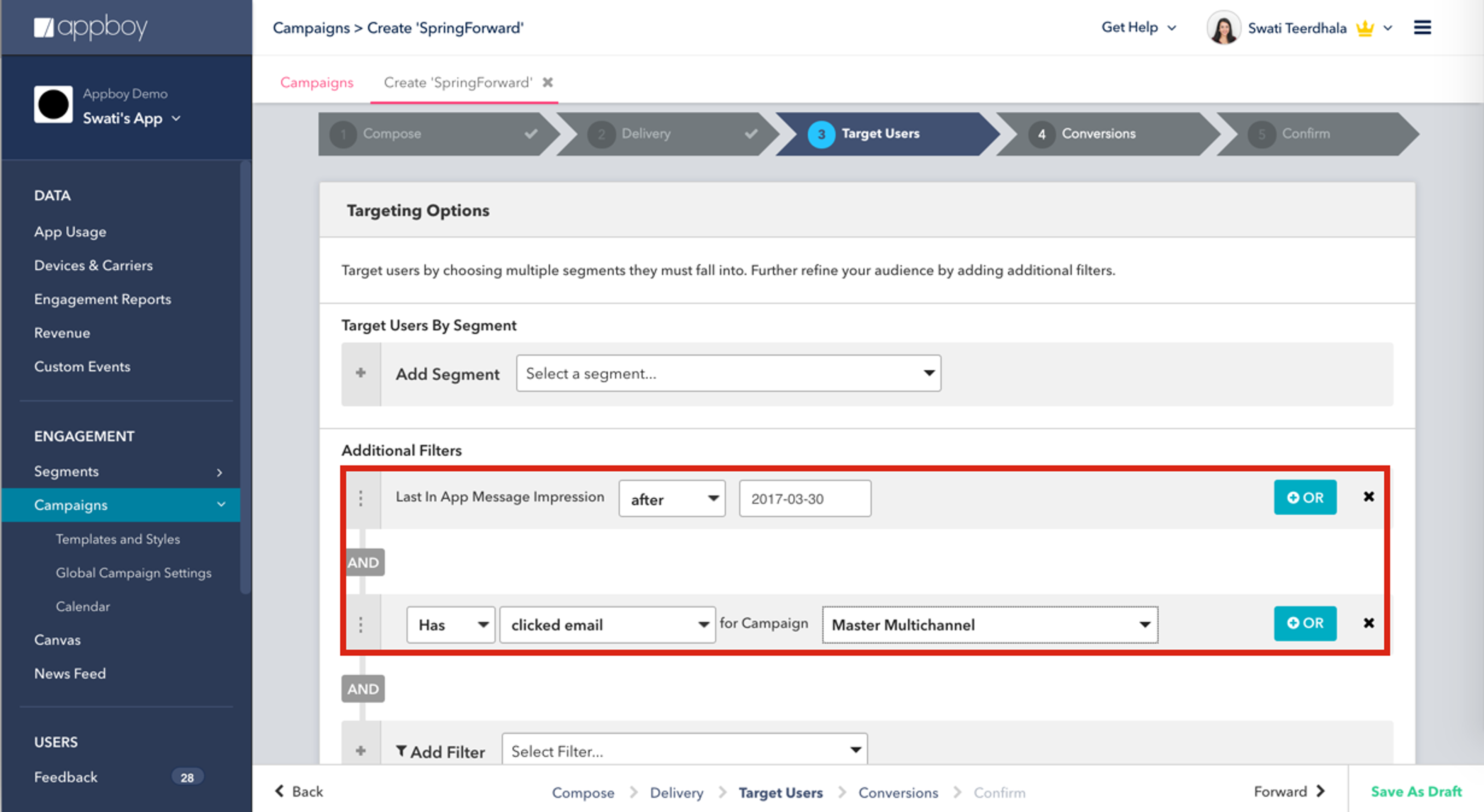 A screenshot of a campaign creation interface in Appboy, showing targeting options and filters for user segments. The filters include conditions for app message impressions and email clicks.